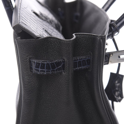 Hermes Taurillon Novillo Shiny Niloticus Crocodile Birkin Touch 30 Black Bleu Marine 26 of 38