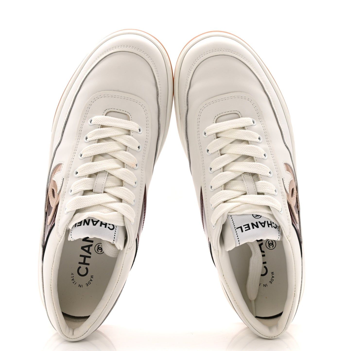 Calfskin Patent Womens CC Sneakers 37 White Burgundy Beige