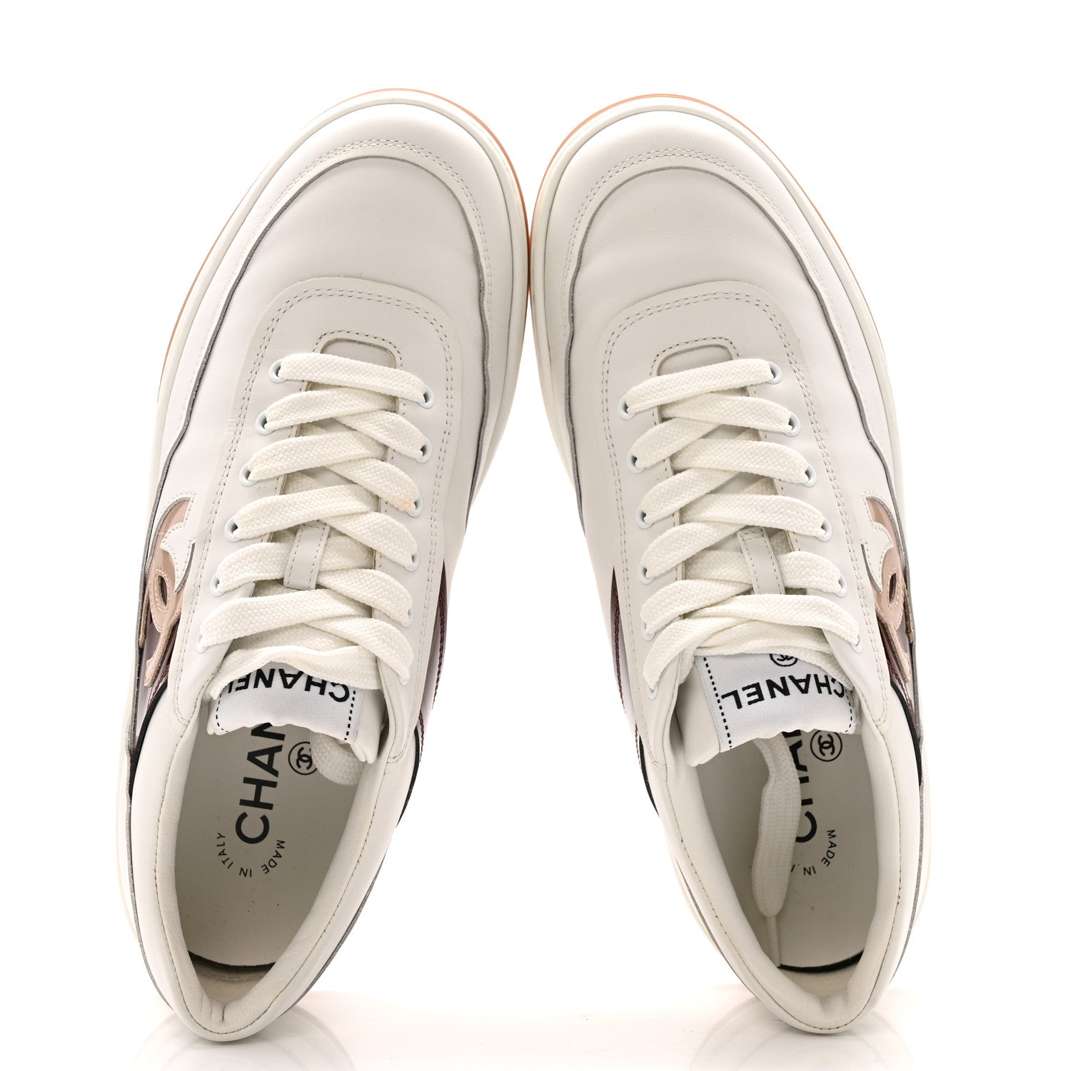 Chanel Calfskin Patent Womens CC Sneakers 37 White Burgundy Beige 2 of 10