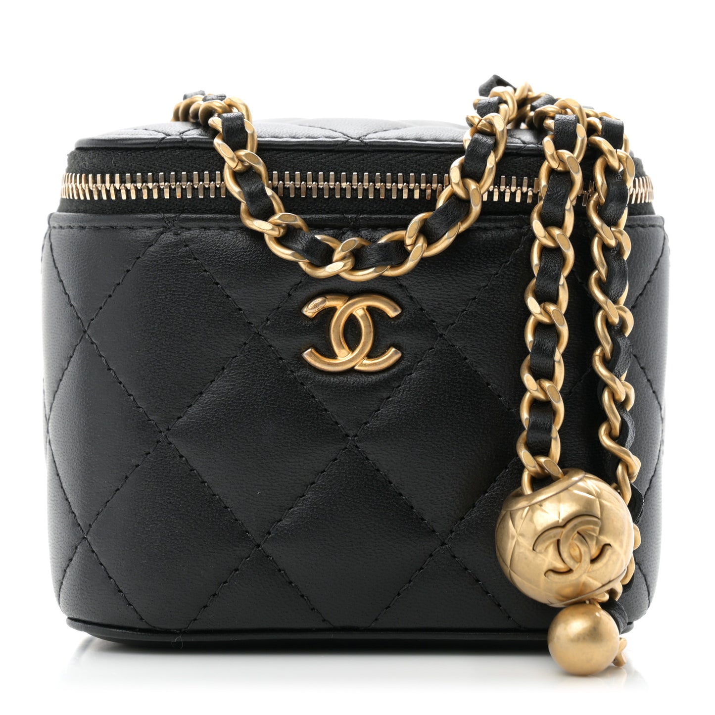 Lambskin Quilted Mini Pearl Crush Vanity Case With Chain Black