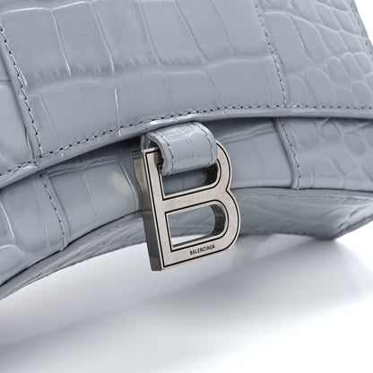 Balenciaga Shiny Calfskin Crocodile Embossed Hourglass Chain Bag Grey 7 of 11