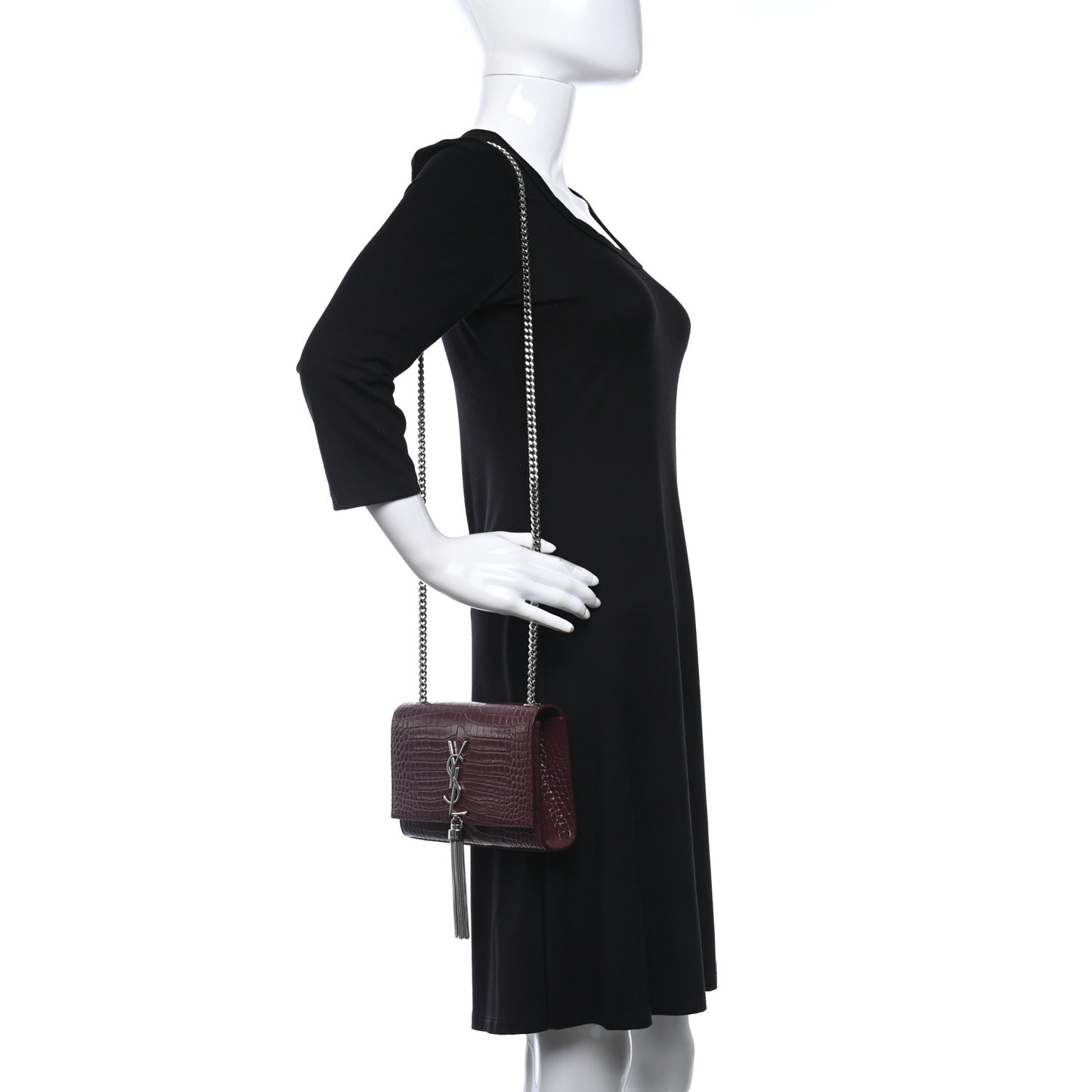 Calfskin Crocodile Embossed Small Classic Monogram Kate Tassel Satchel Palissandre
