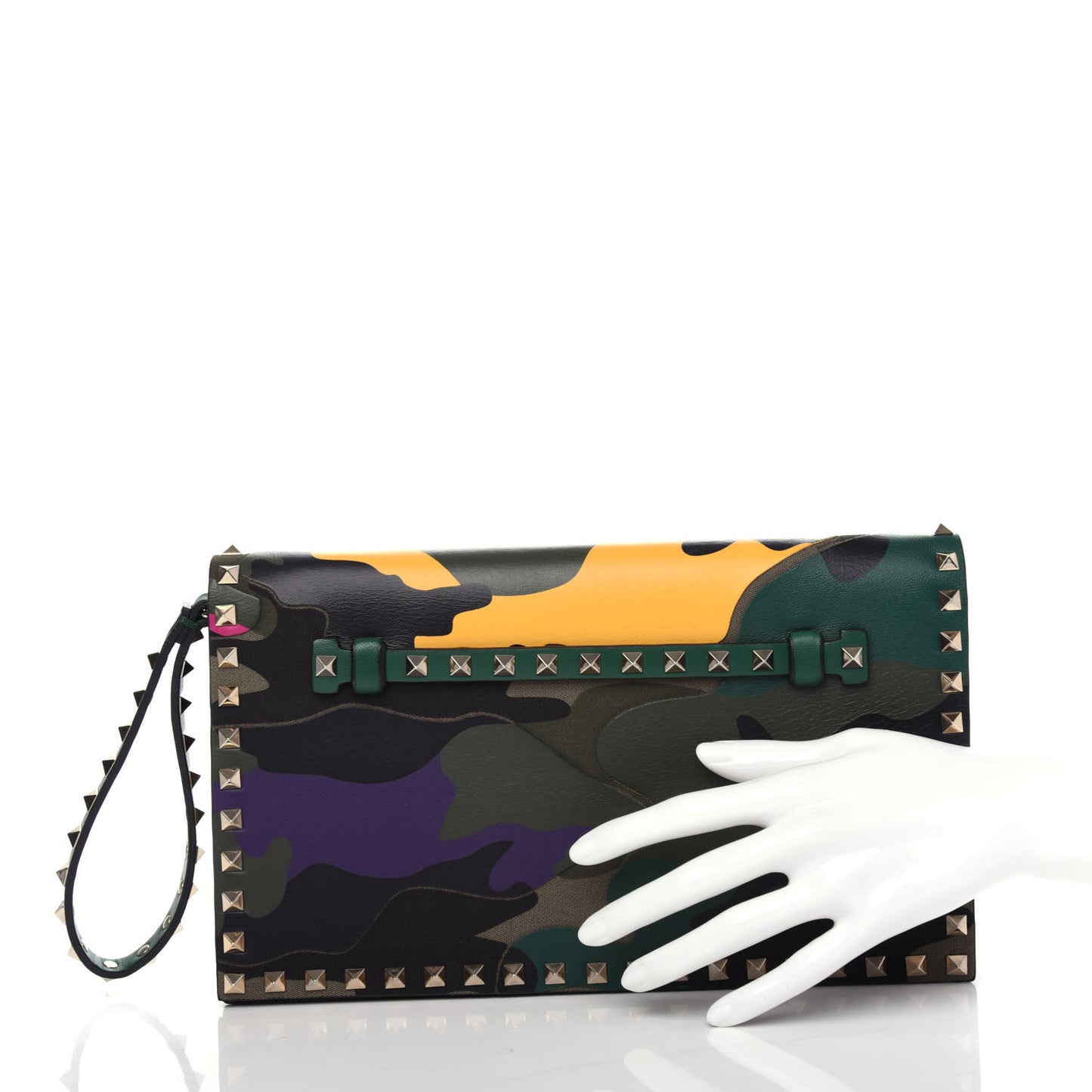 Nappa Canvas Camouflage Rockstud Wristlet Clutch Multicolor