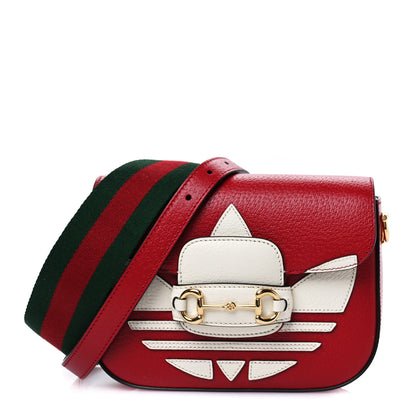 Gucci X ADIDAS Textured Dollar Calfskin Web Trefoil Mini Horsebit 1955 Shoulder Bag Hibiscus Red Off White 1 of 10