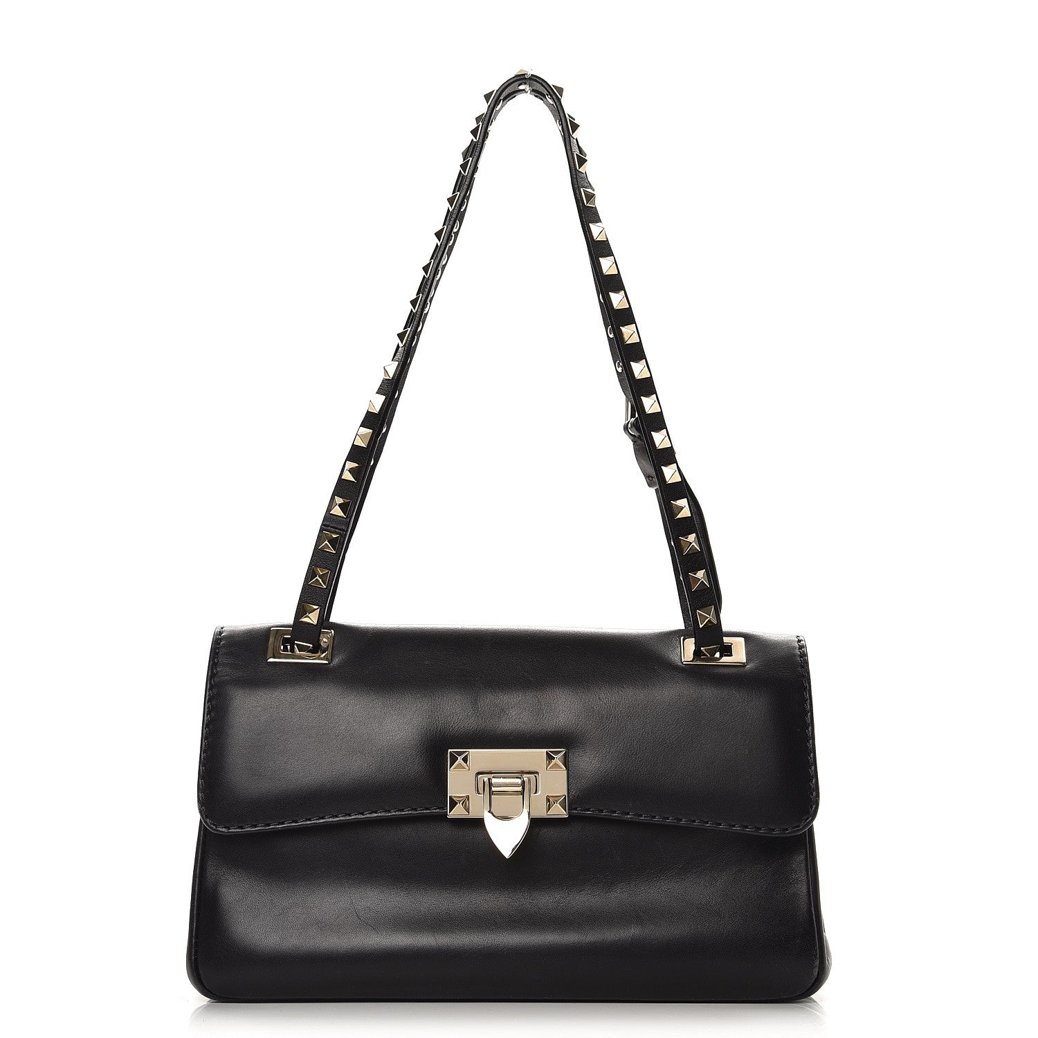 Valentino Garavani Vitello Rockstud Flip Lock Shoulder Flap Bag Black 1 of 15