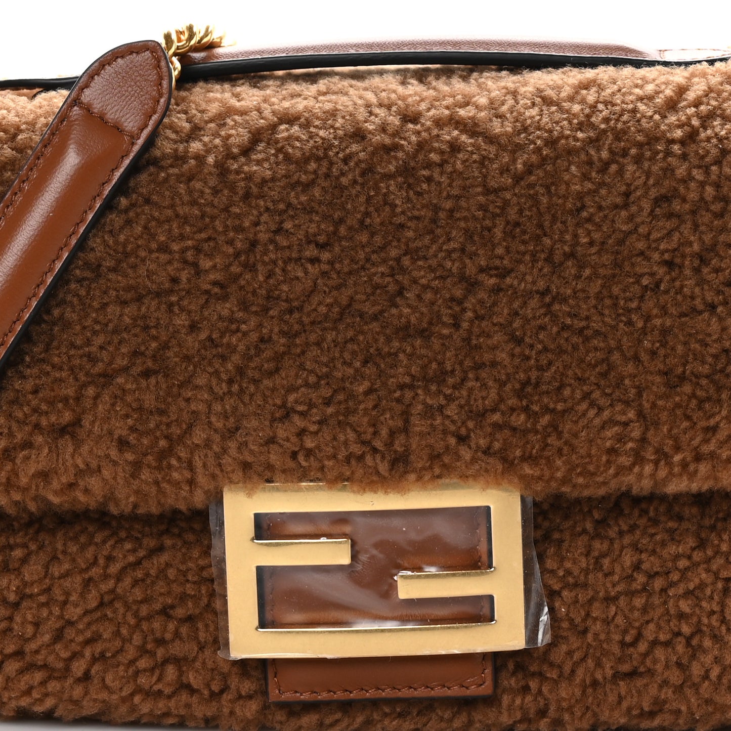 Shearling Lambskin Midi Chain Baguette Caramello