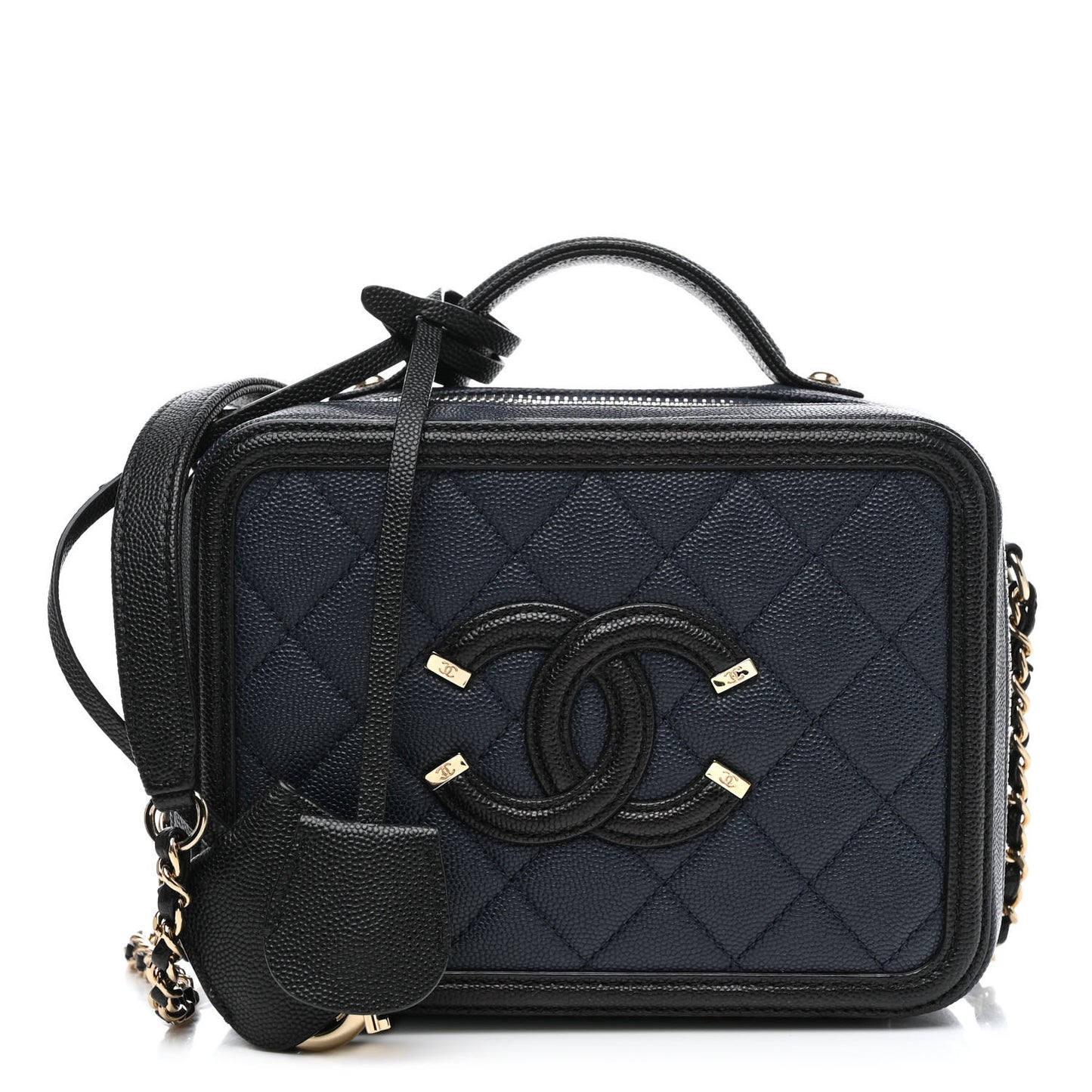 Caviar Quilted Small CC Filigree Vanity Case Navy Black
