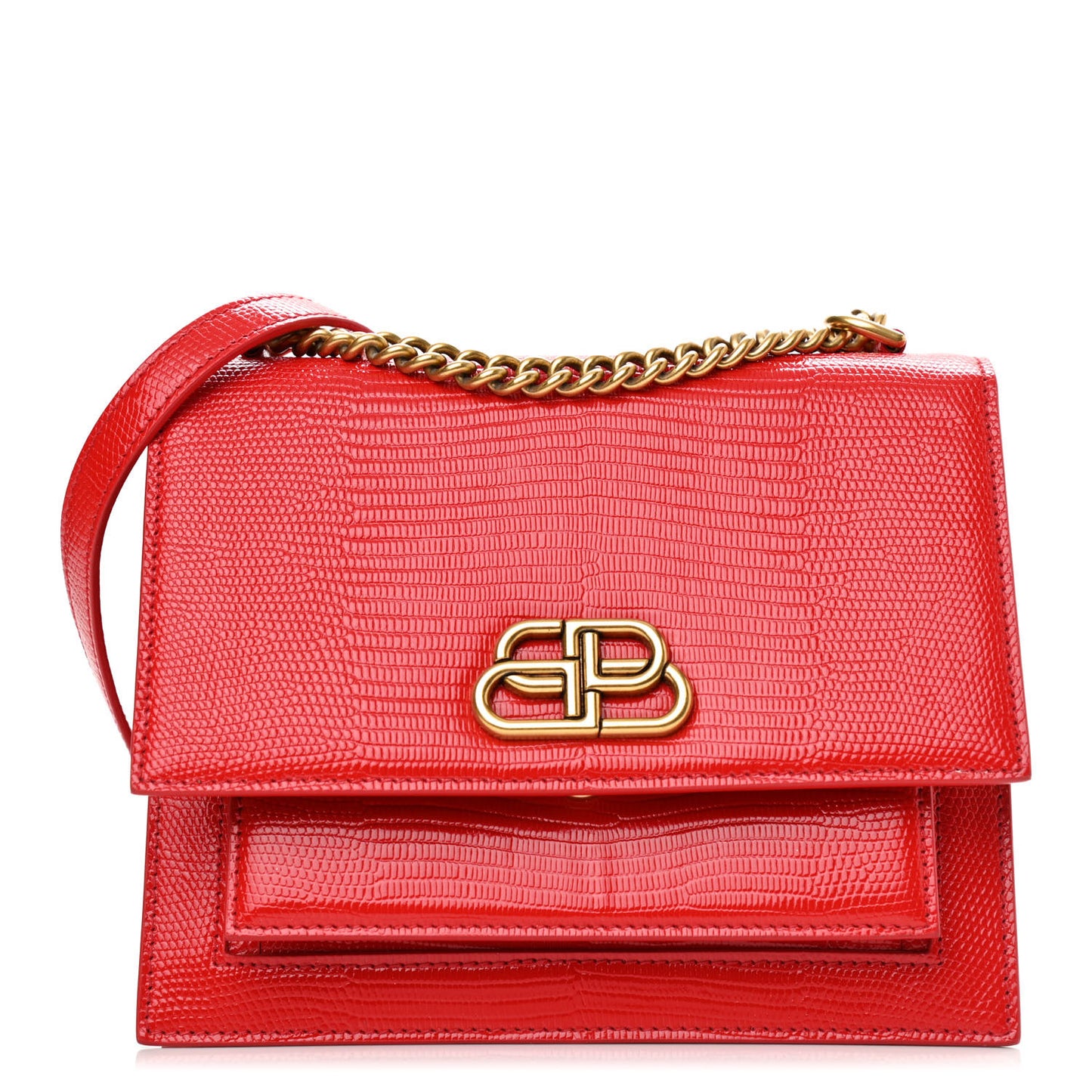Patent Calfskin Lizard Embossed Sharp S Chain Satchel Vivid Red
