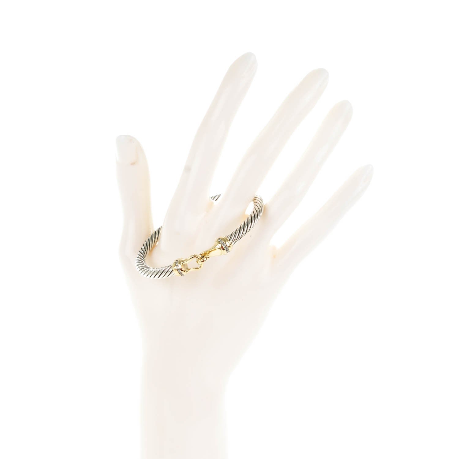 David Yurman Sterling Silver 18K Yellow Gold Pave Diamond 5mm Cable Buckle Bracelet 2 of 6