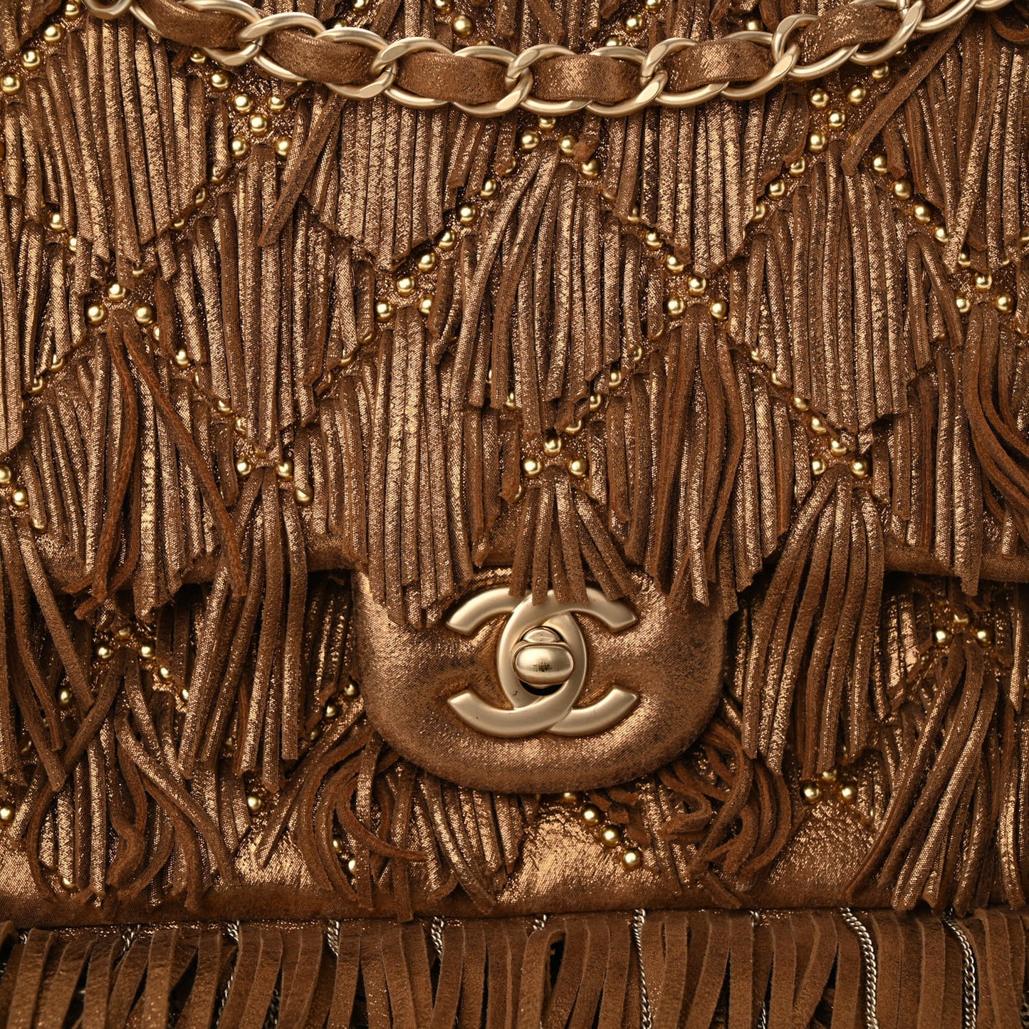 Iridescent Calfskin Quilted Studded Paris Dallas Fringe Chain Flap Bronze