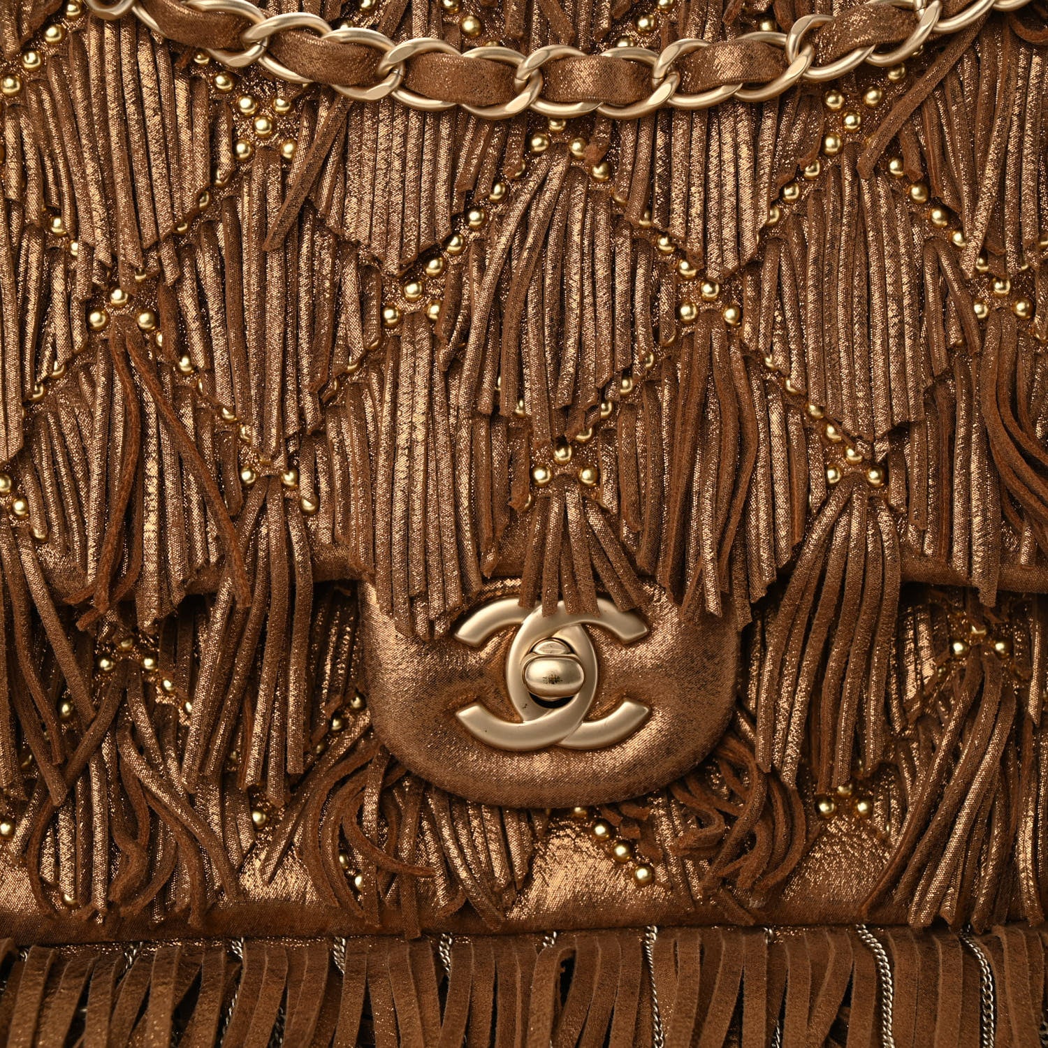 Chanel Iridescent Calfskin Quilted Studded Paris Dallas Fringe Chain Flap Bronze 7 of 10
