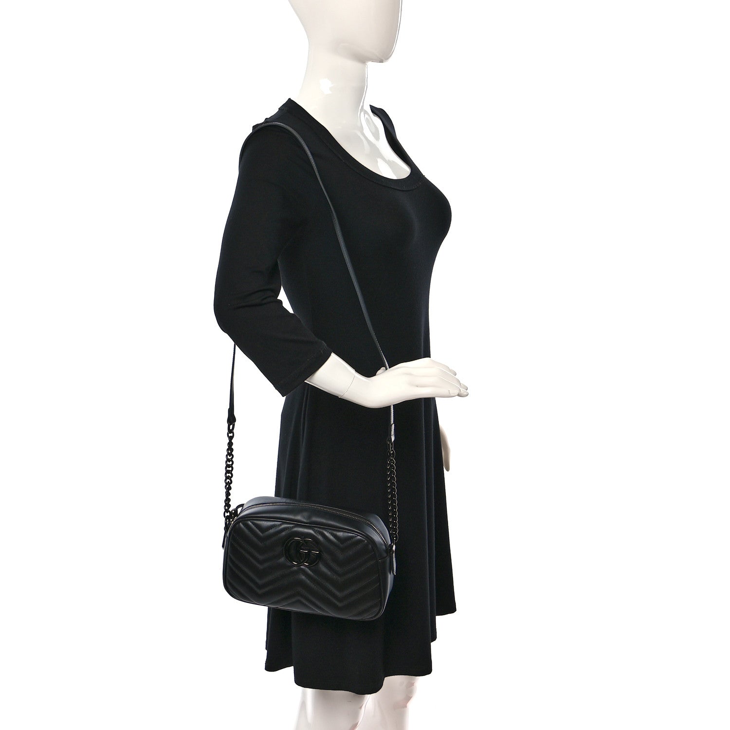 Gucci Calfskin Matelasse Monochrome Small GG Marmont Chain Shoulder Bag Black 2 of 9