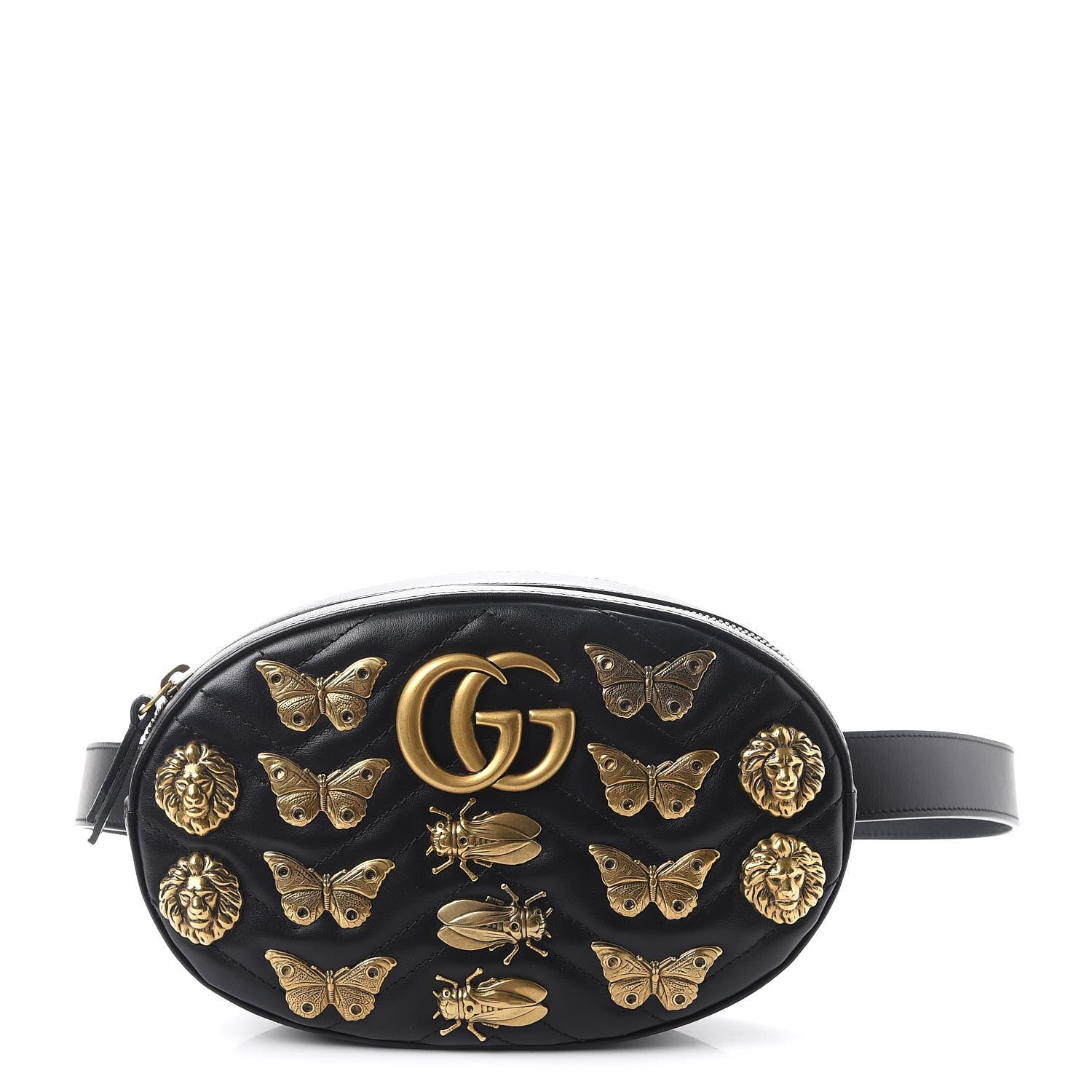 Gucci Calfskin Matelasse Animal Studs GG Marmont Belt Bag 85 34 Black 1 of 9