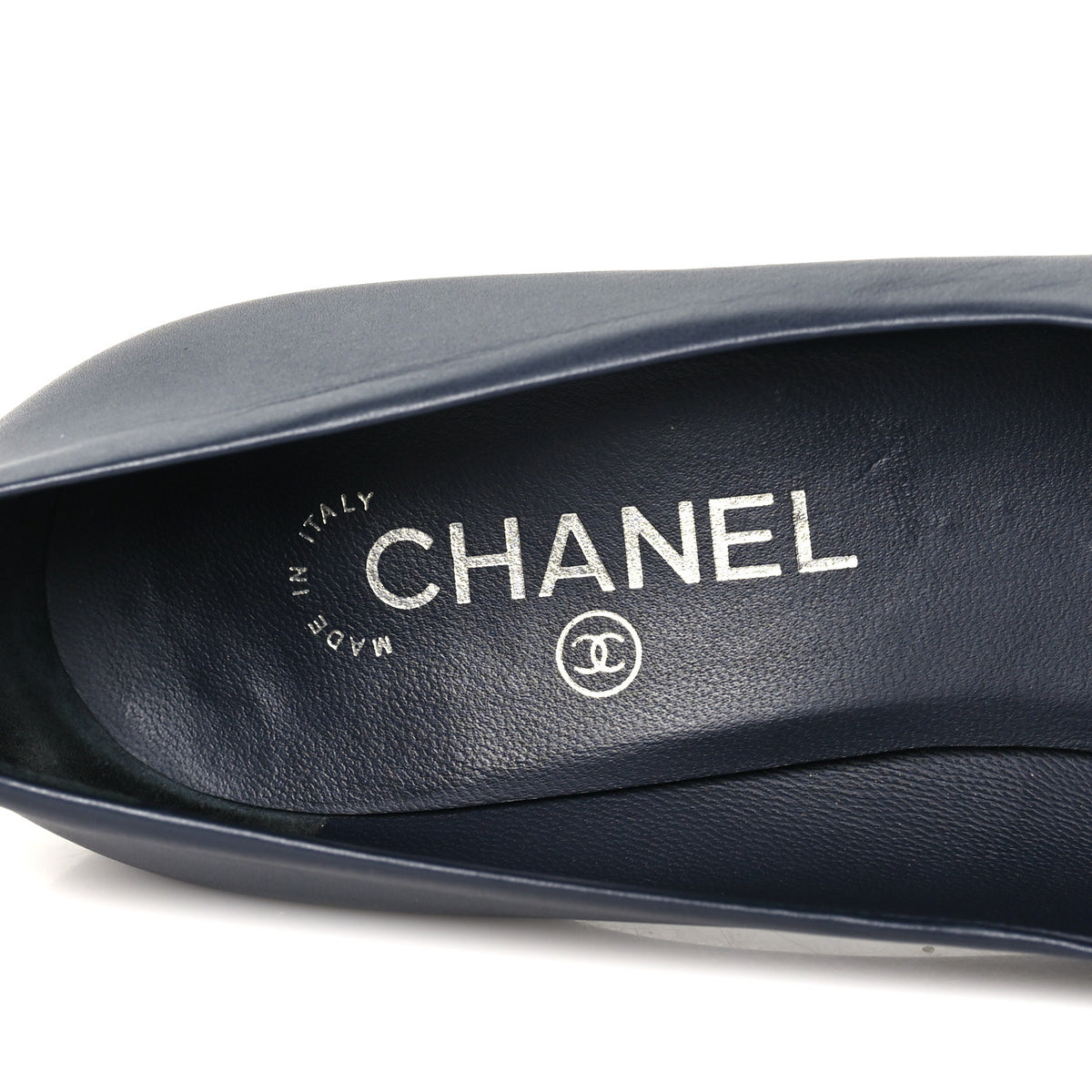Chanel Calfskin Patent CC Cap Toe Platform Chain Pumps 38.5 Navy Black 8 of 9