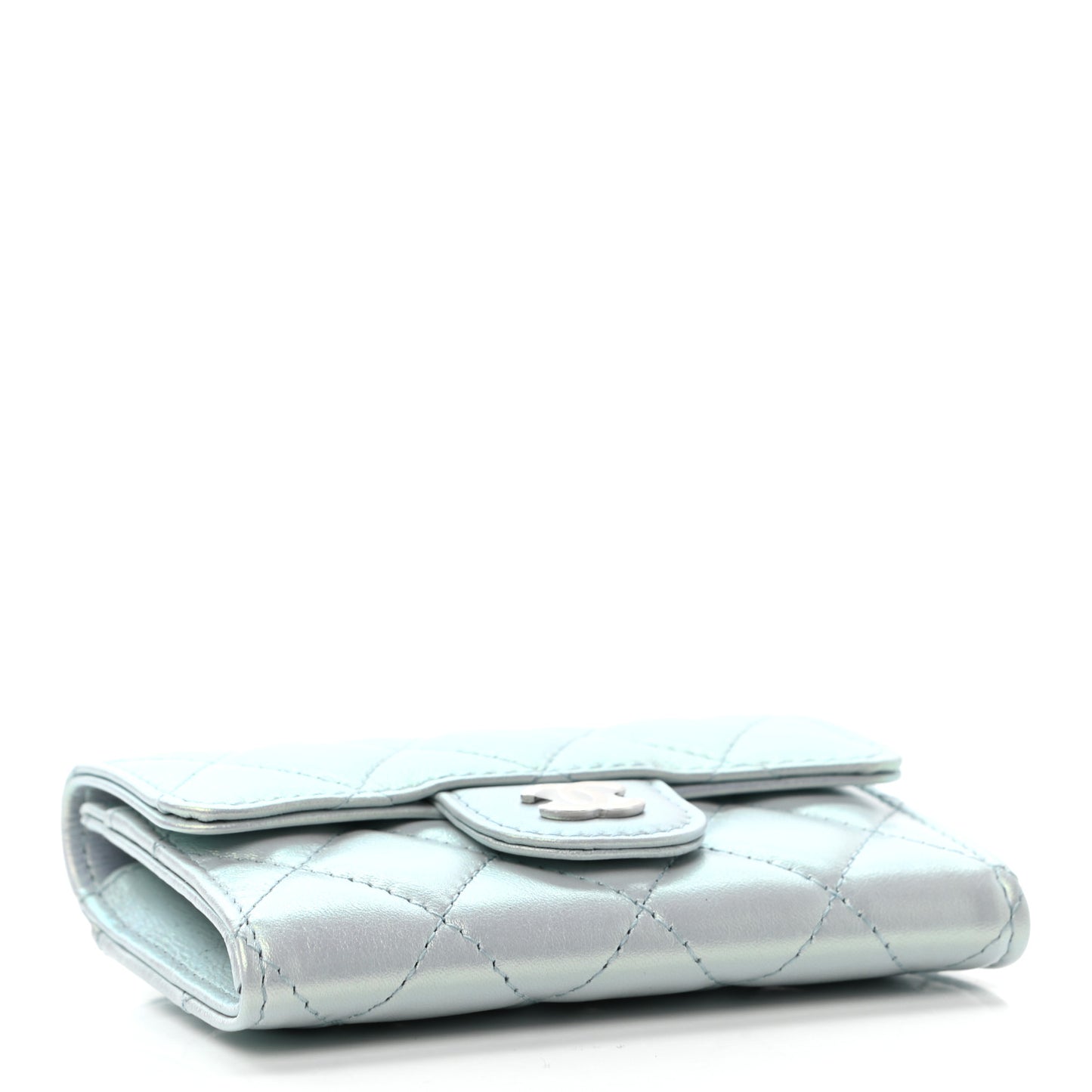 Iridescent Calfskin Quilted Flap Card Holder Light Blue