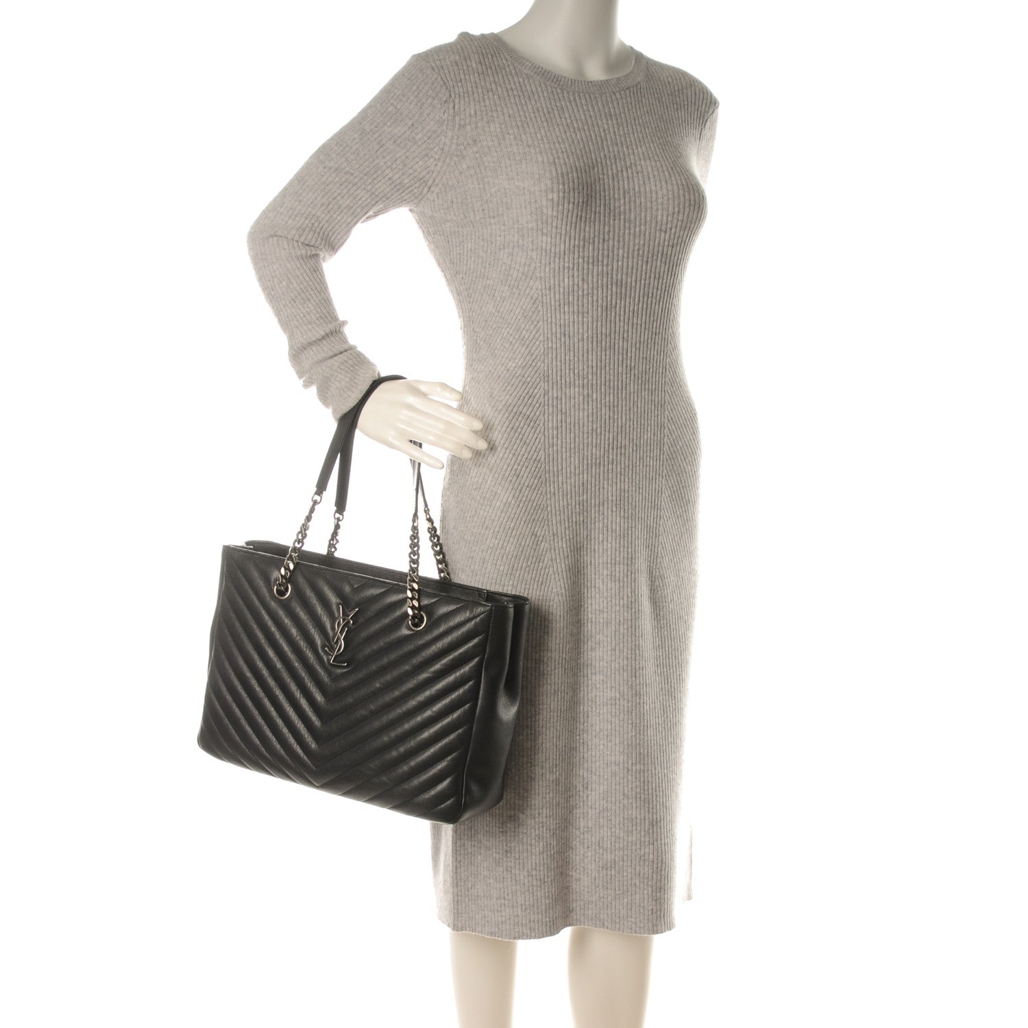 Saint Laurent Sheepskin Matelasse Chevron Large Monogram Shopping Bag Black 2 of 6