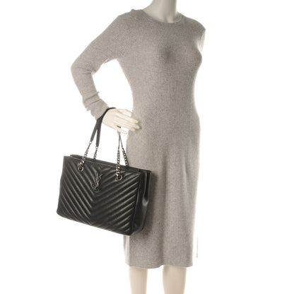 Saint Laurent Sheepskin Matelasse Chevron Large Monogram Shopping Bag Black 2 of 6