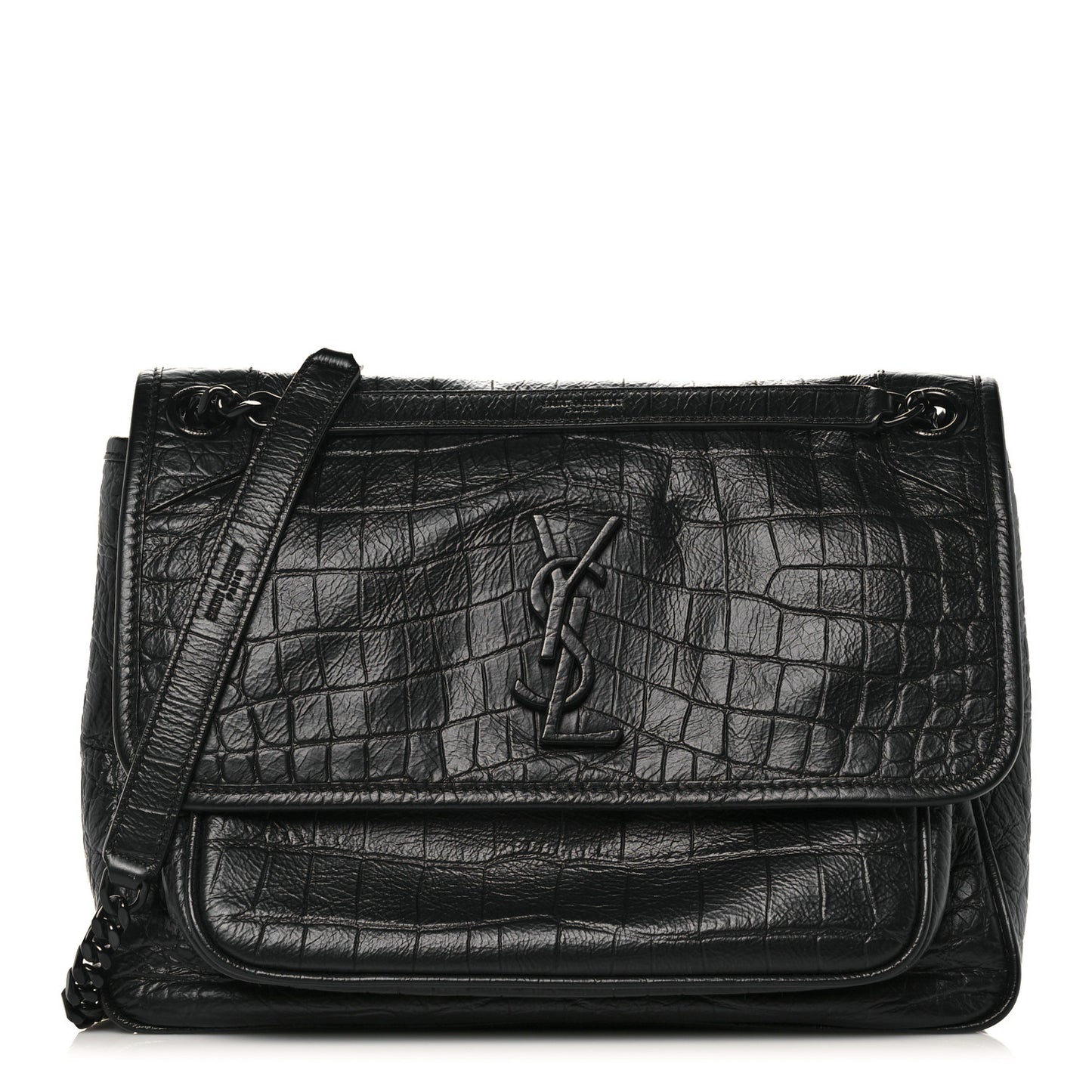 Crocodile Embossed Lambskin Monogram Medium Niki Chain Satchel Black