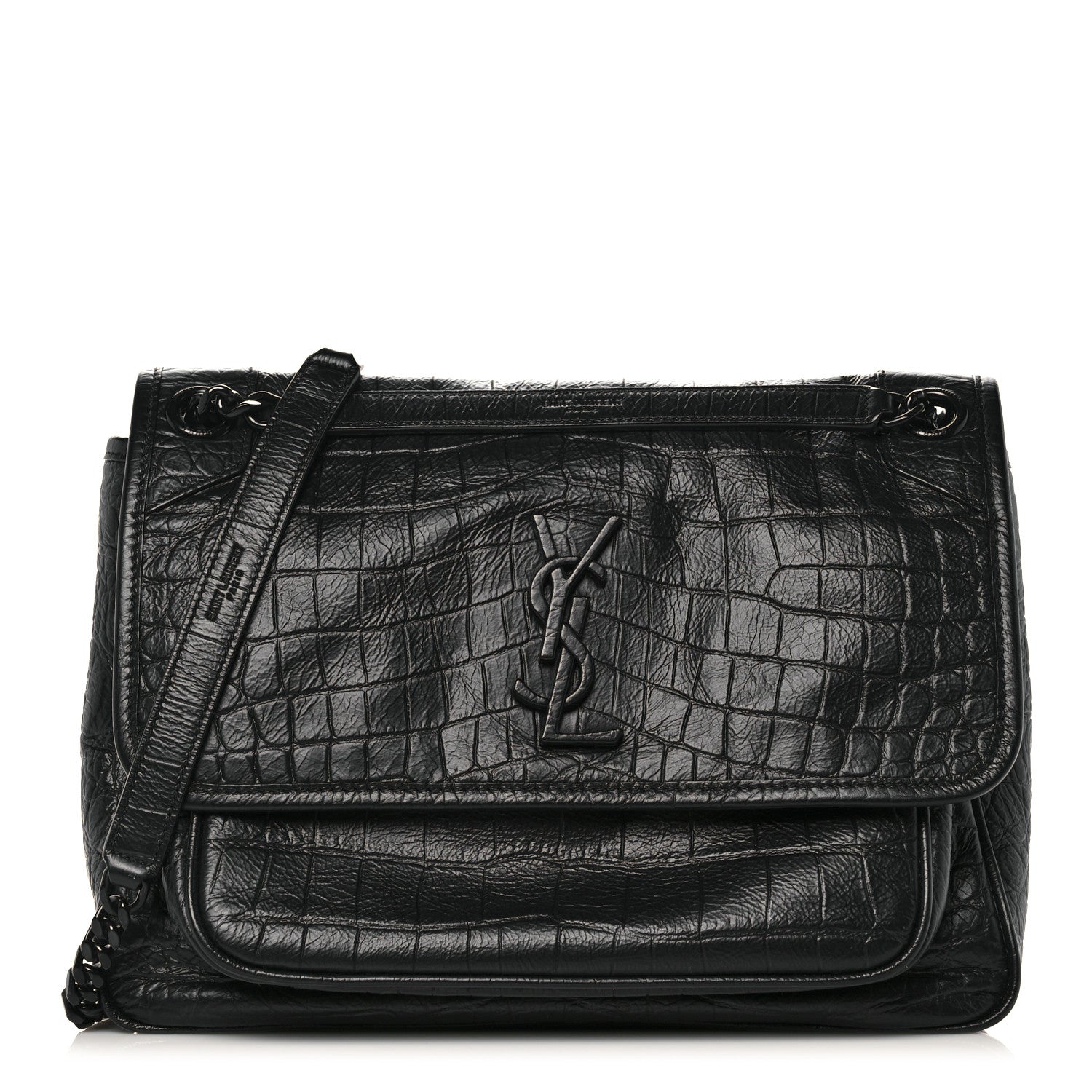Saint Laurent Crocodile Embossed Lambskin Monogram Medium Niki Chain Satchel Black 1 of 11