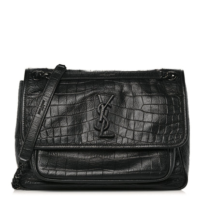 Saint Laurent Crocodile Embossed Lambskin Monogram Medium Niki Chain Satchel Black 1 of 11