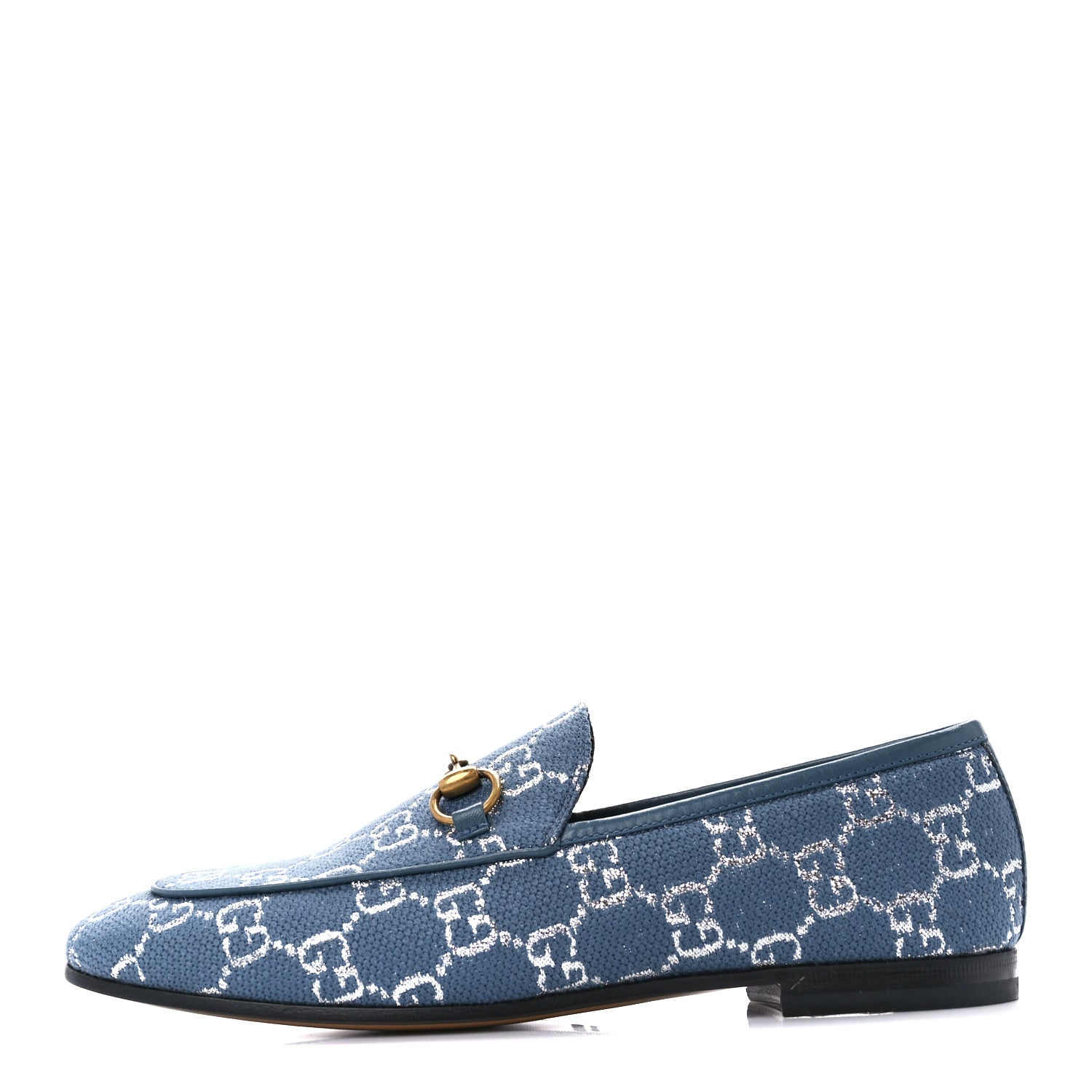 Gucci Canvas Lame GG Monogram Horsebit Womens Jordaan Loafers 36 Blue Silver Cornflower Blue 1 of 9