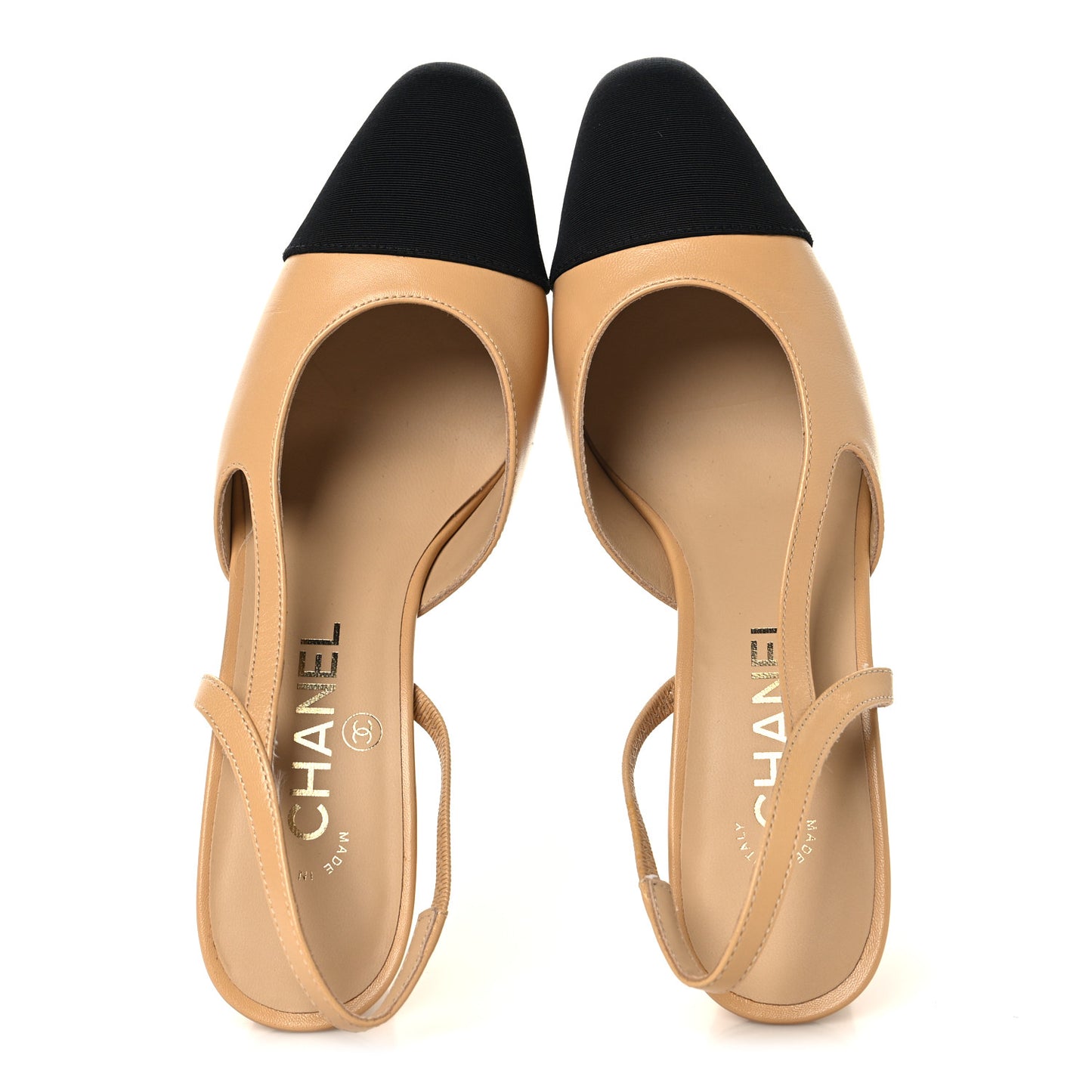 Goatskin Grosgrain Cap Toe CC Slingback Pumps 37 Beige Black