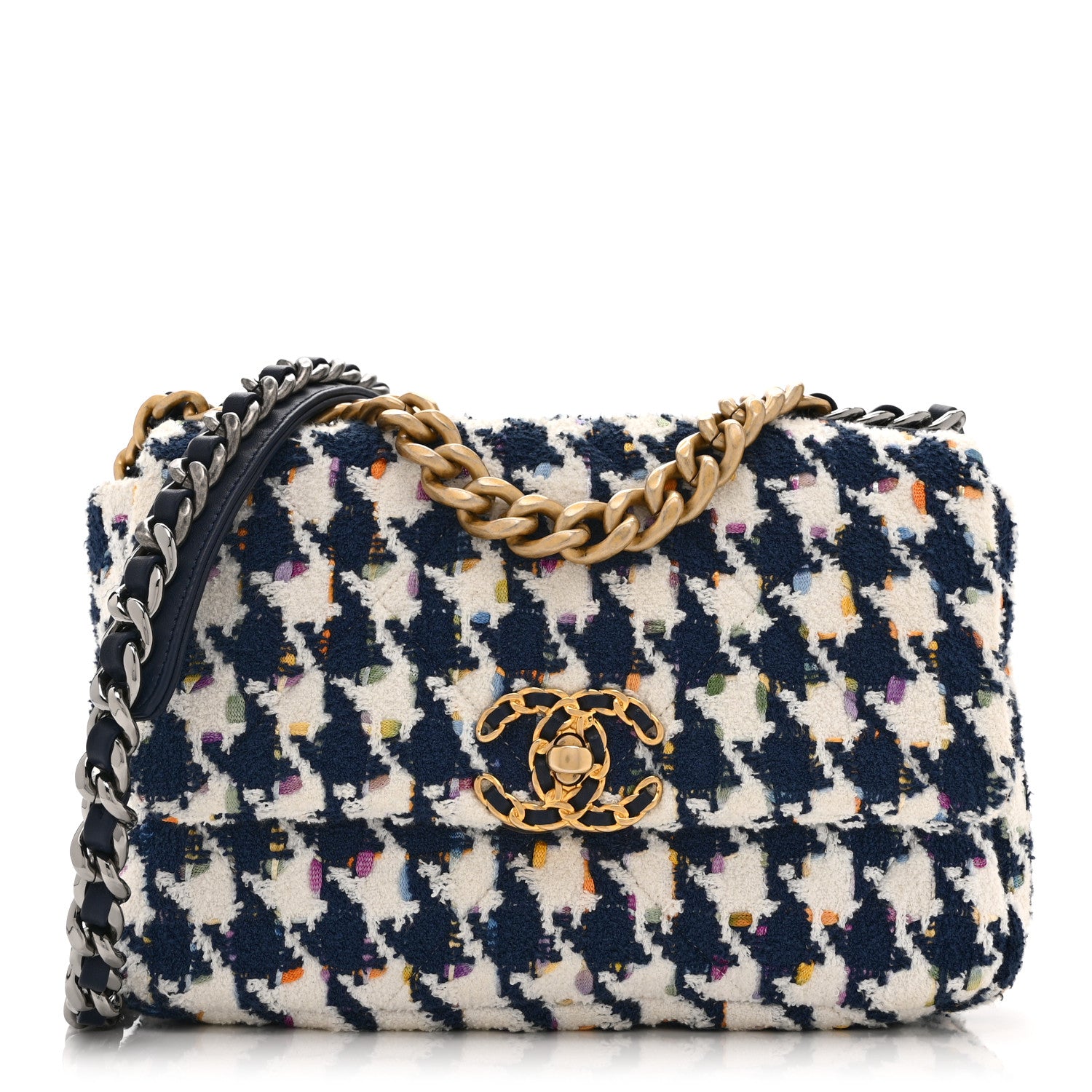 Chanel Tweed Quilted Medium Chanel 19 Flap Ecru Navy Blue Multicolor 1 of 10