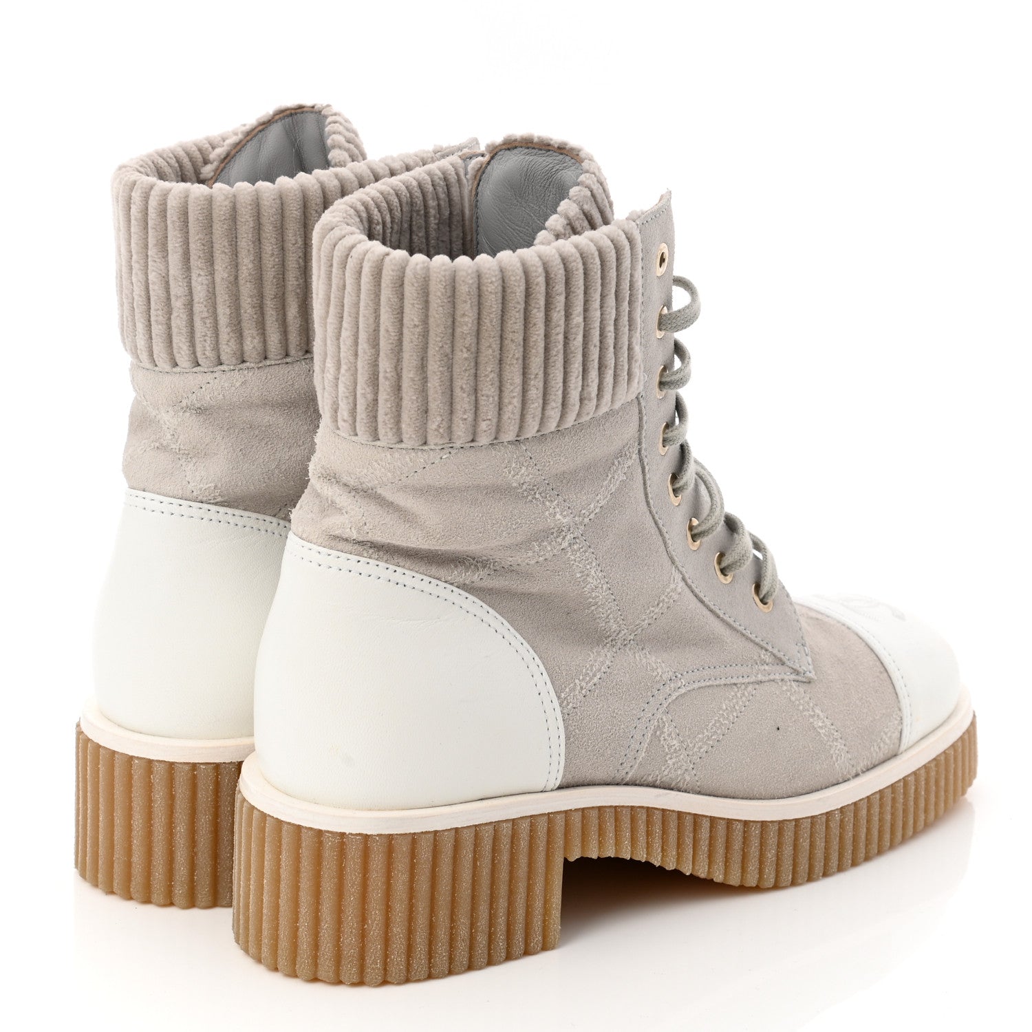 Chanel Suede Calfskin Velvet Quilted CC Combat Boots 38.5 Grey 4 of 8