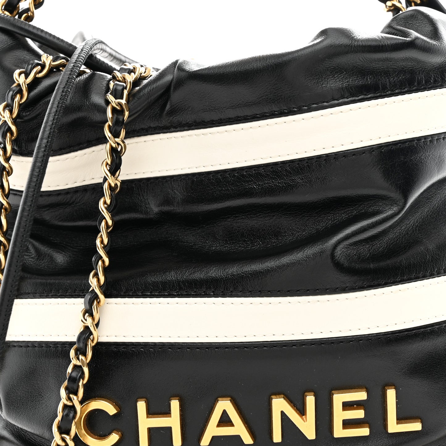 Shiny Calfskin Striped Mini Chanel 22 Black White