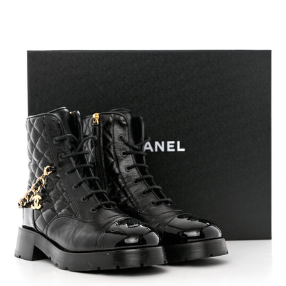 Chanel Shiny Calfskin Patent Quilted Chain Lace Up Combat Boots 38.5 Black 11 of 11
