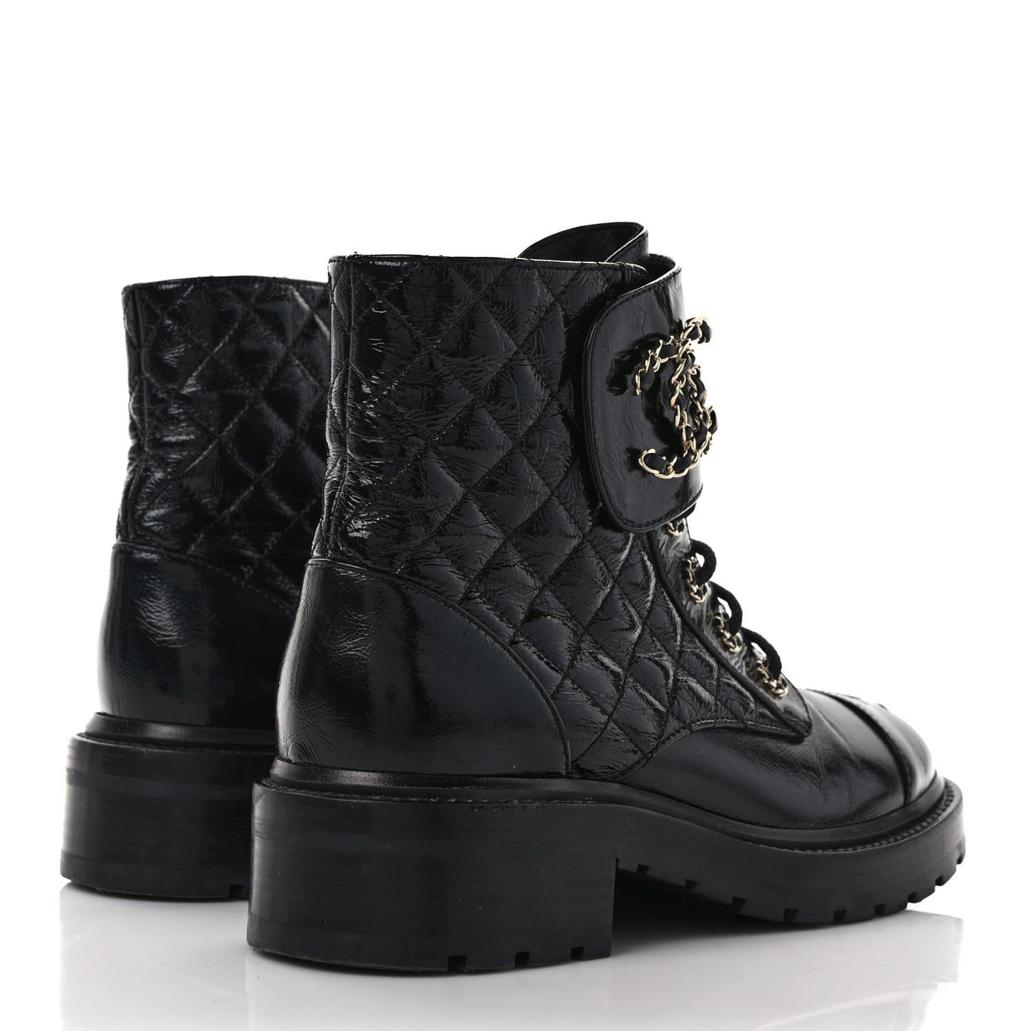 Shiny Calfskin Quilted Lace Up Combat Boots 38.5 Black
