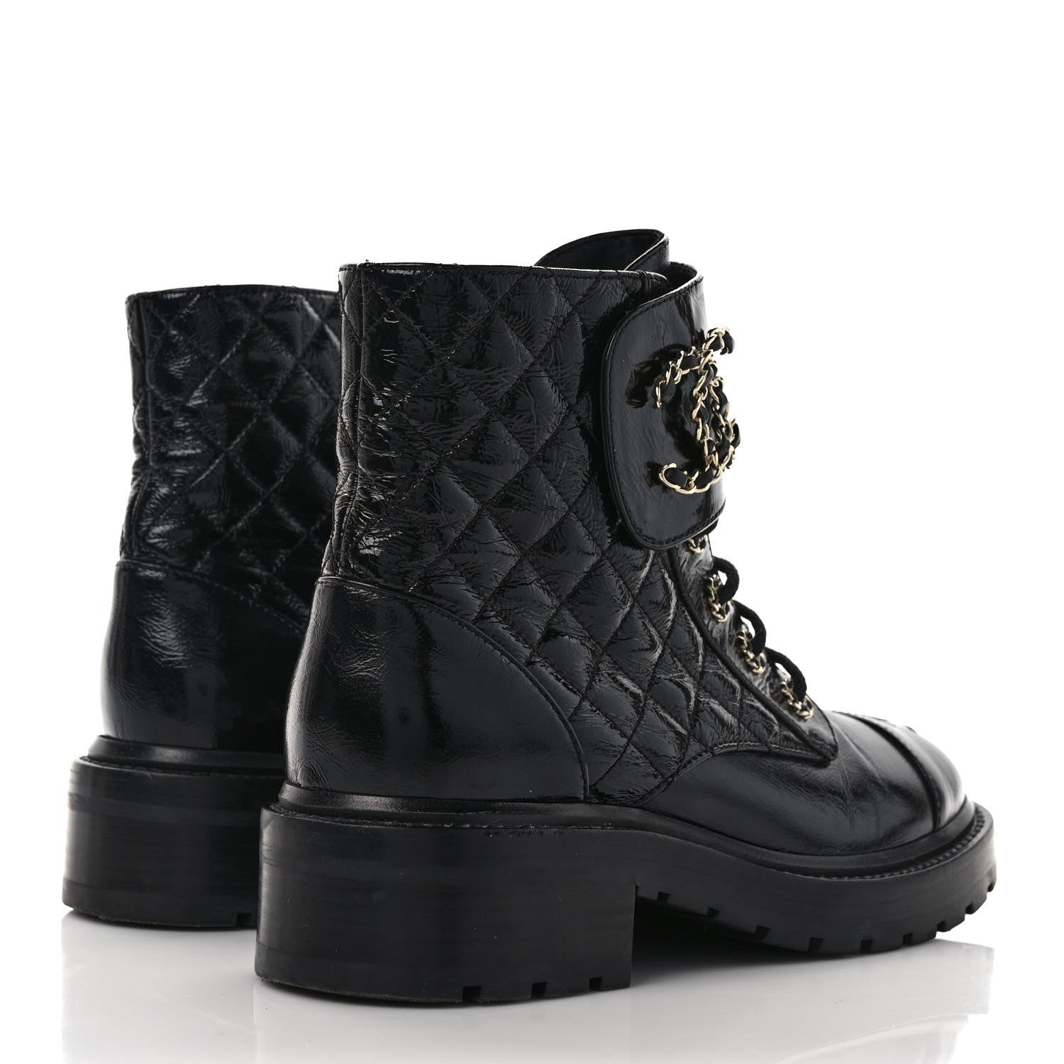 Chanel Shiny Calfskin Quilted Lace Up Combat Boots 38.5 Black 4 of 8