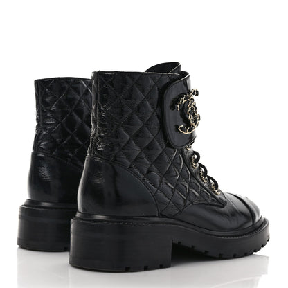 Chanel Shiny Calfskin Quilted Lace Up Combat Boots 38.5 Black 4 of 8