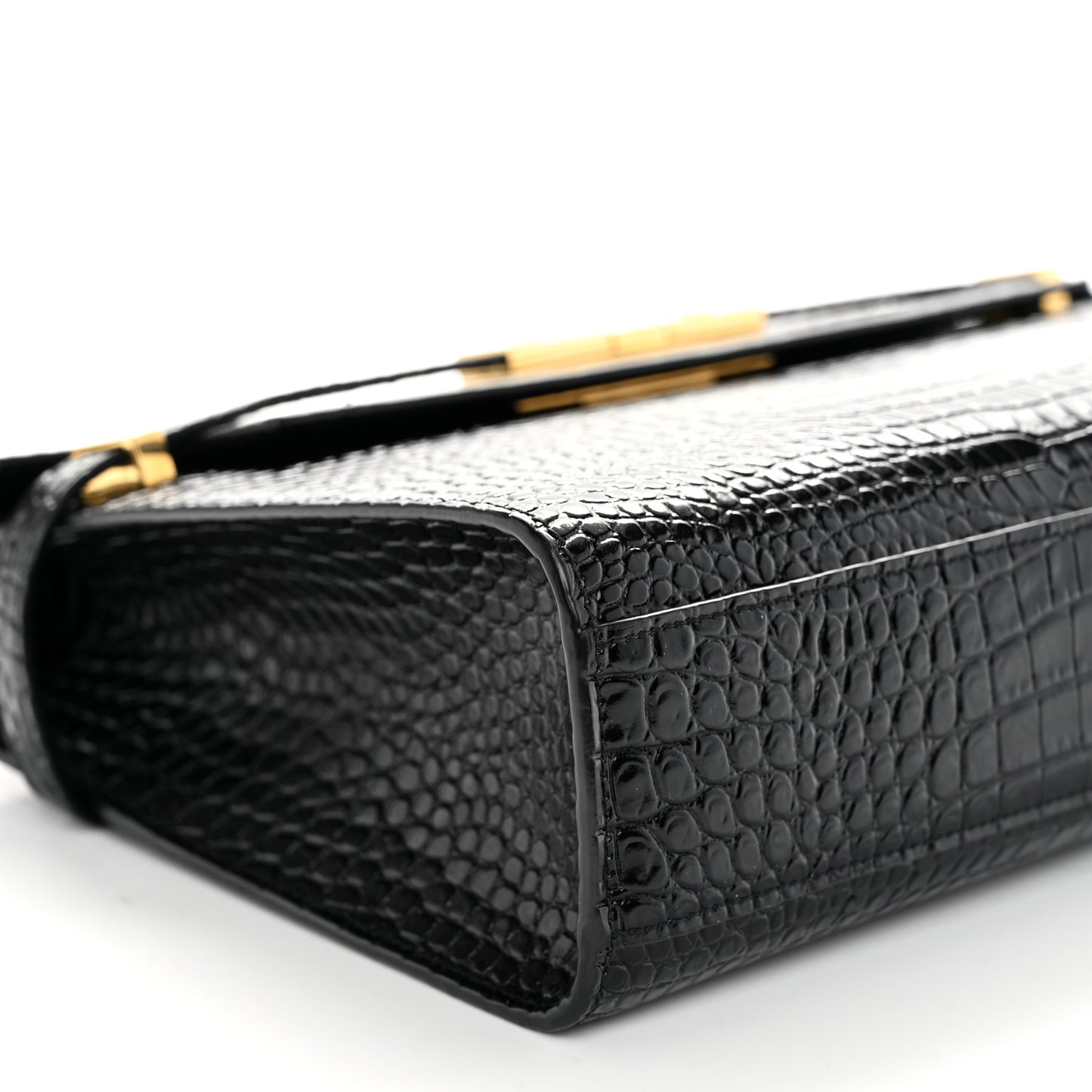 Shiny Calfskin Crocodile Embossed Manhattan Baguette Black