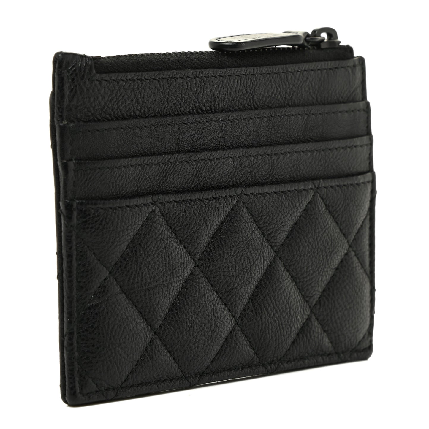 Crinkled Calfskin Quilted CC Zip Card Holder So Black