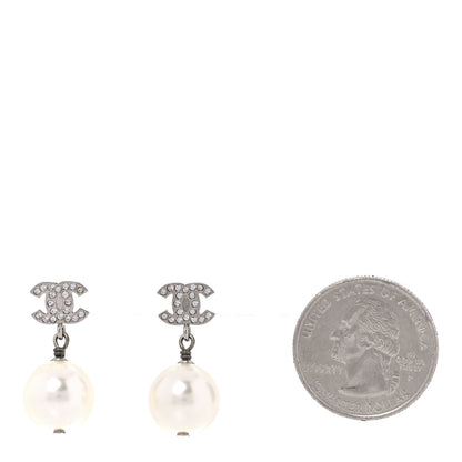 Chanel Crystal Pearl CC Drop Earrings Silver Pearly White 2 of 5