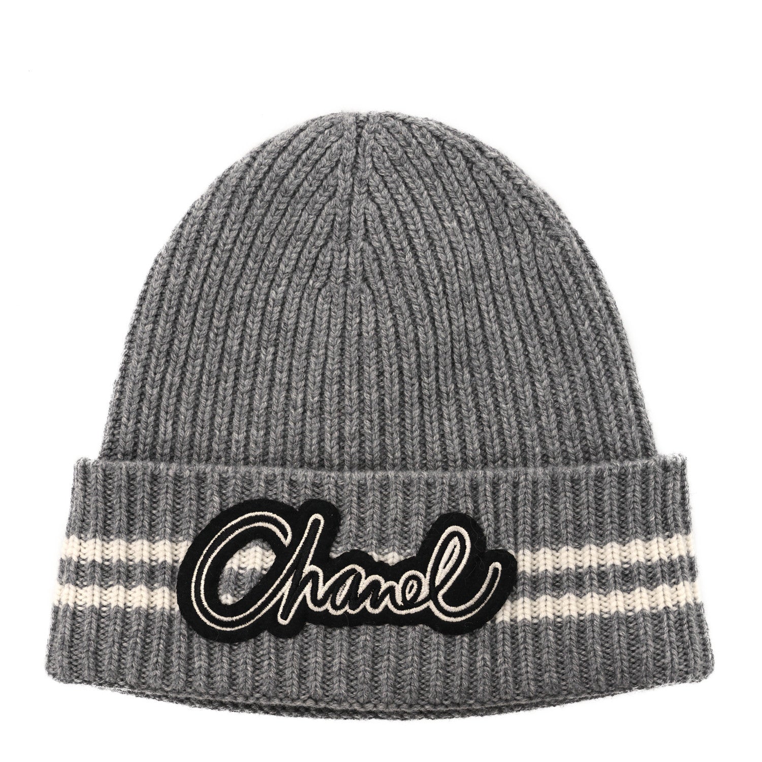 Chanel Cashmere Logo Beanie Hat Gray White 1 of 6