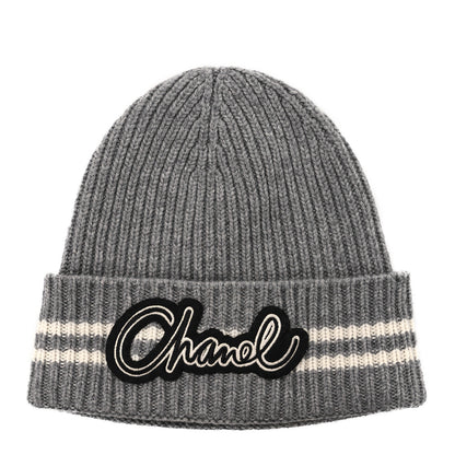 Chanel Cashmere Logo Beanie Hat Gray White 1 of 6