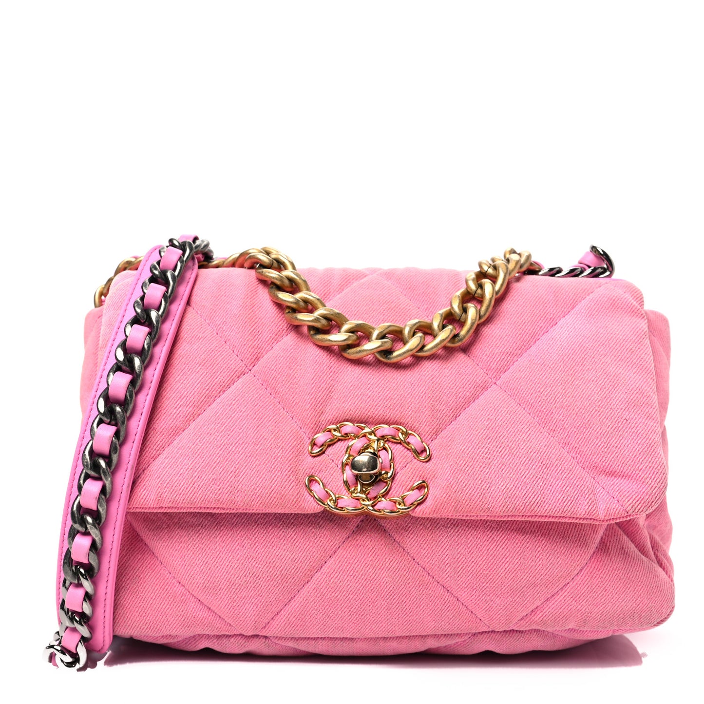 Denim Quilted Medium Chanel 19 Flap Neon Pink