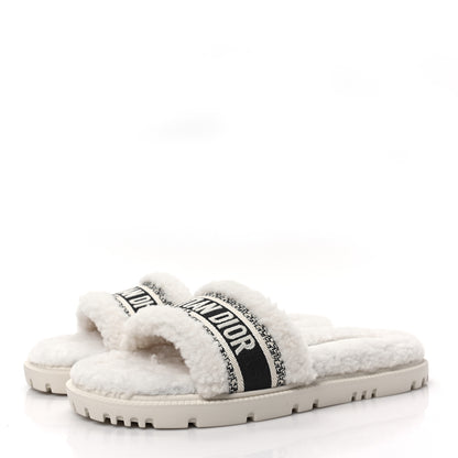 Christian Dior Shearling Canvas Embroidered Dway 10mm Slide Sandals 39 Natural Deep Blue 3 of 8