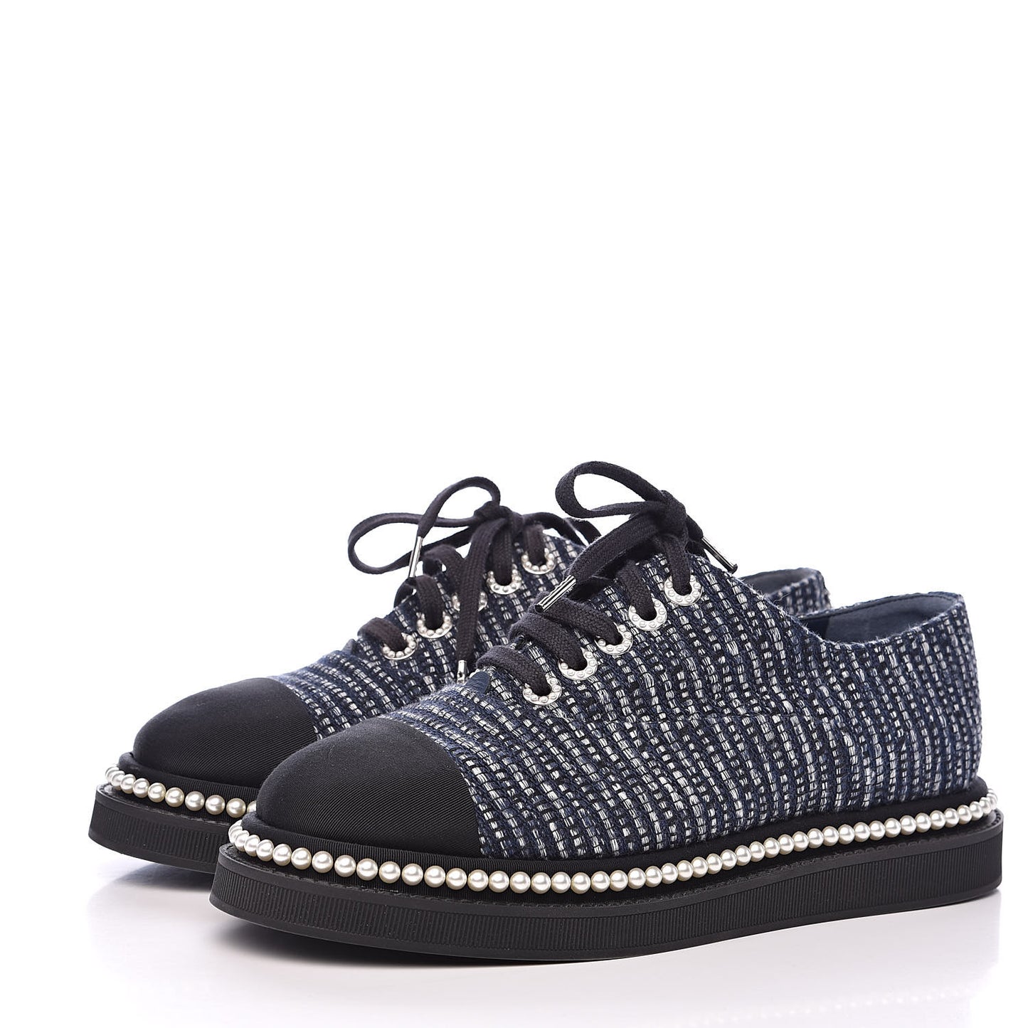 Tweed Grosgrain Pearl Lace Up Sneakers 38 Navy Black
