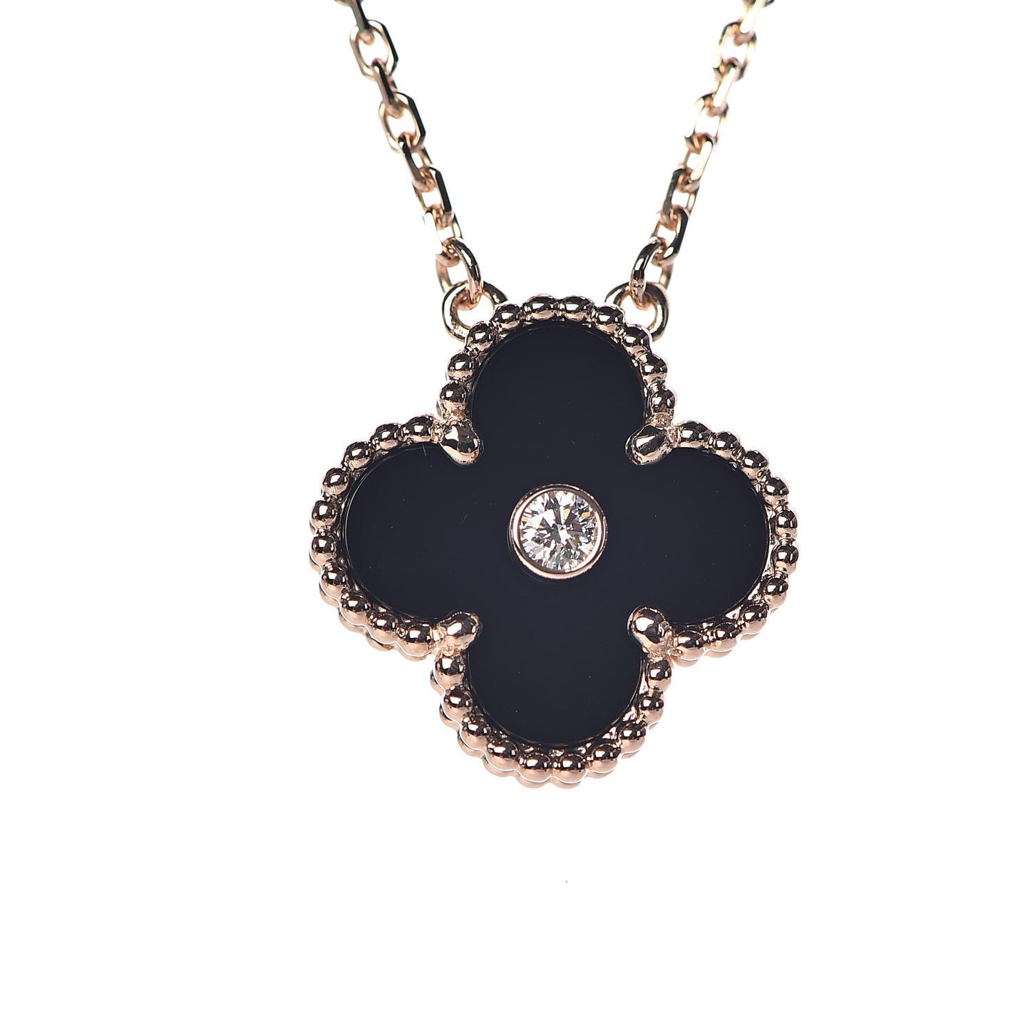 18K Rose Gold Diamond Black Onyx Vintage Alhambra Pendant Necklace