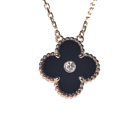 Van Cleef & Arpels 18K Rose Gold Diamond Black Onyx Vintage Alhambra Pendant Necklace 4 of 8