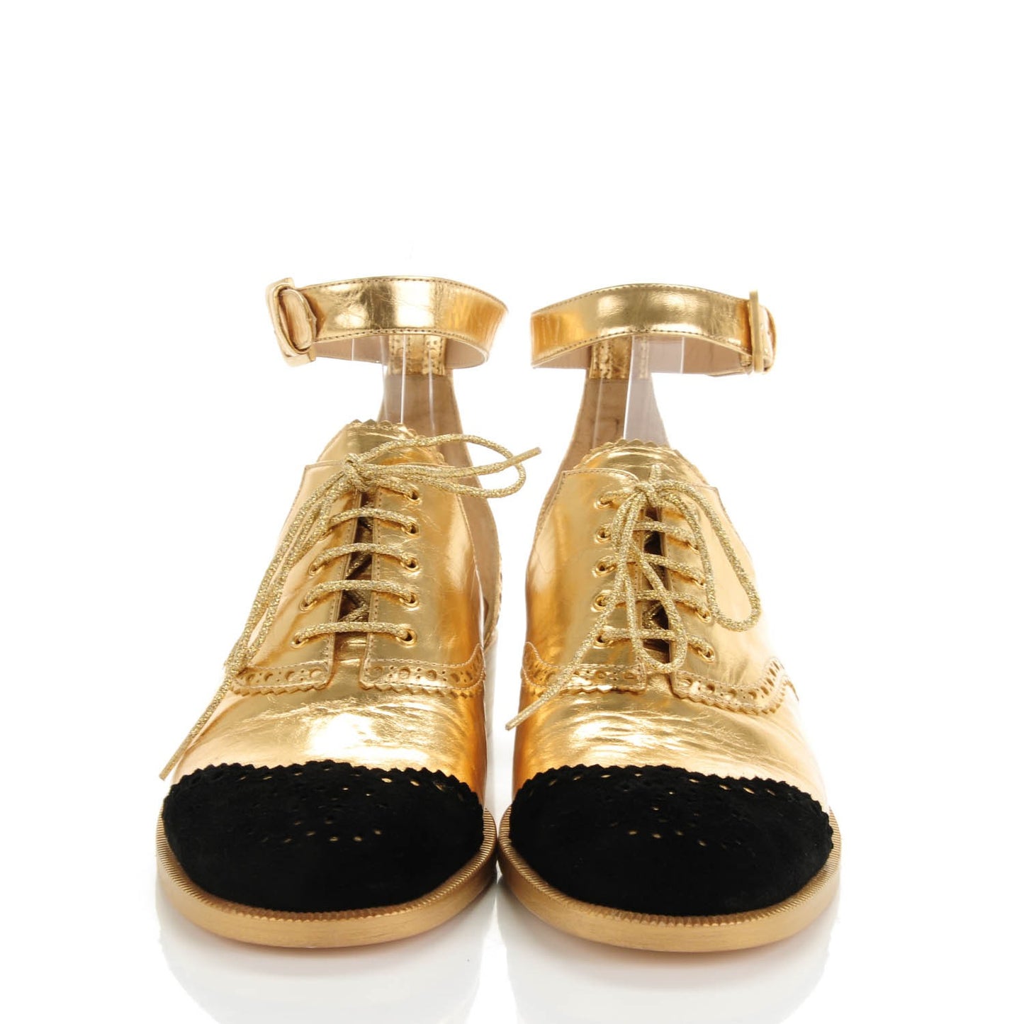 Metallic Calfskin Suede CC Brogue Lace Up Ankle Strap Oxford Sandals 36 Gold Black