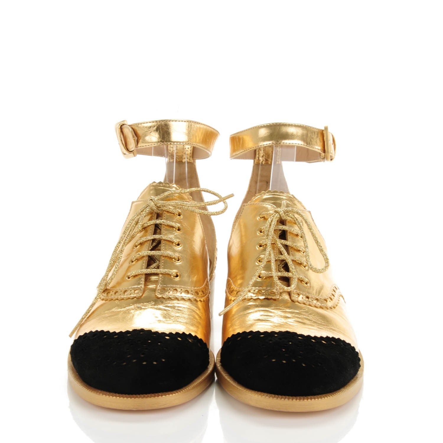 Chanel Metallic Calfskin Suede CC Brogue Lace Up Ankle Strap Oxford Sandals 36 Gold Black 2 of 8