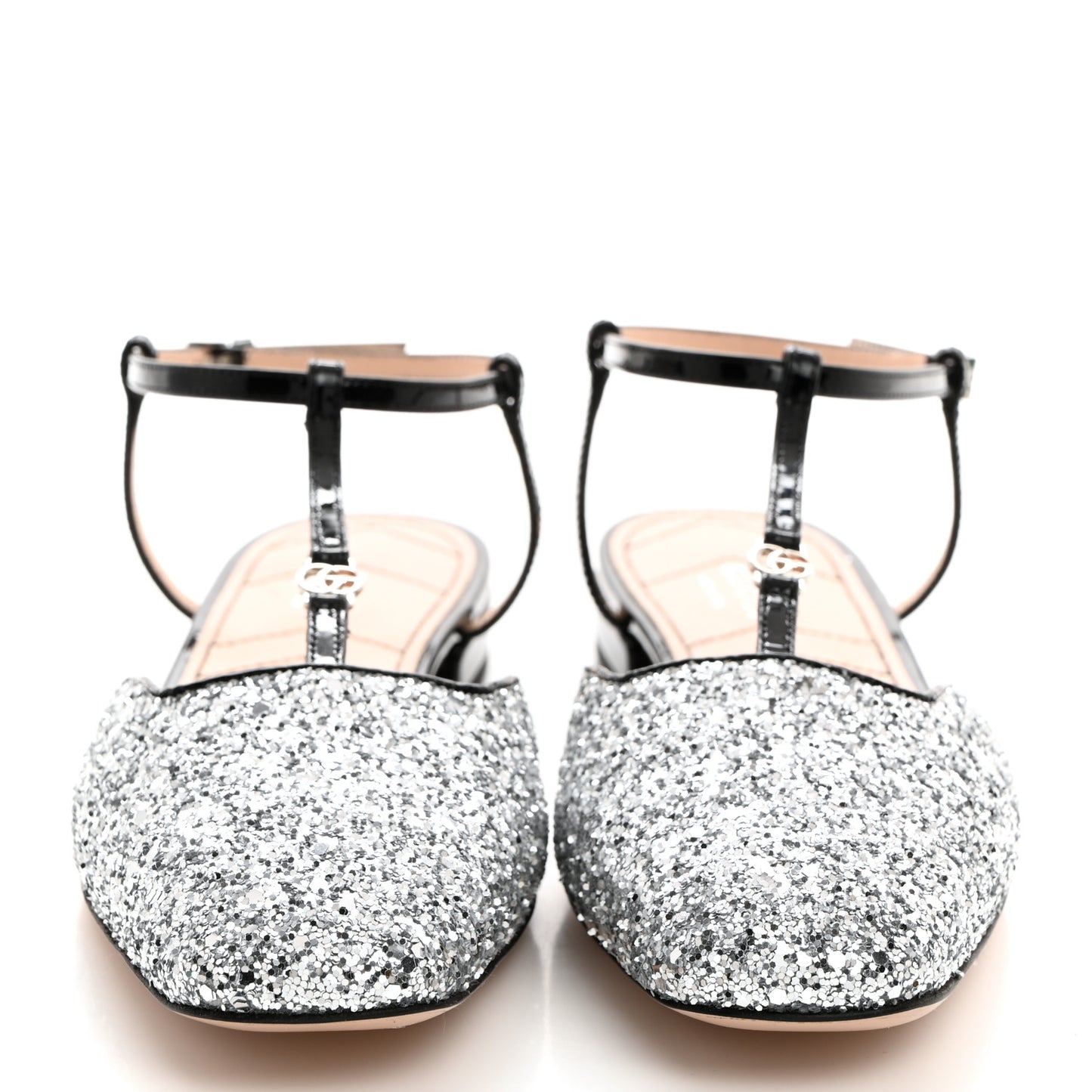 Calfskin Glitter Double G Slingback Flats 37 Silver Black