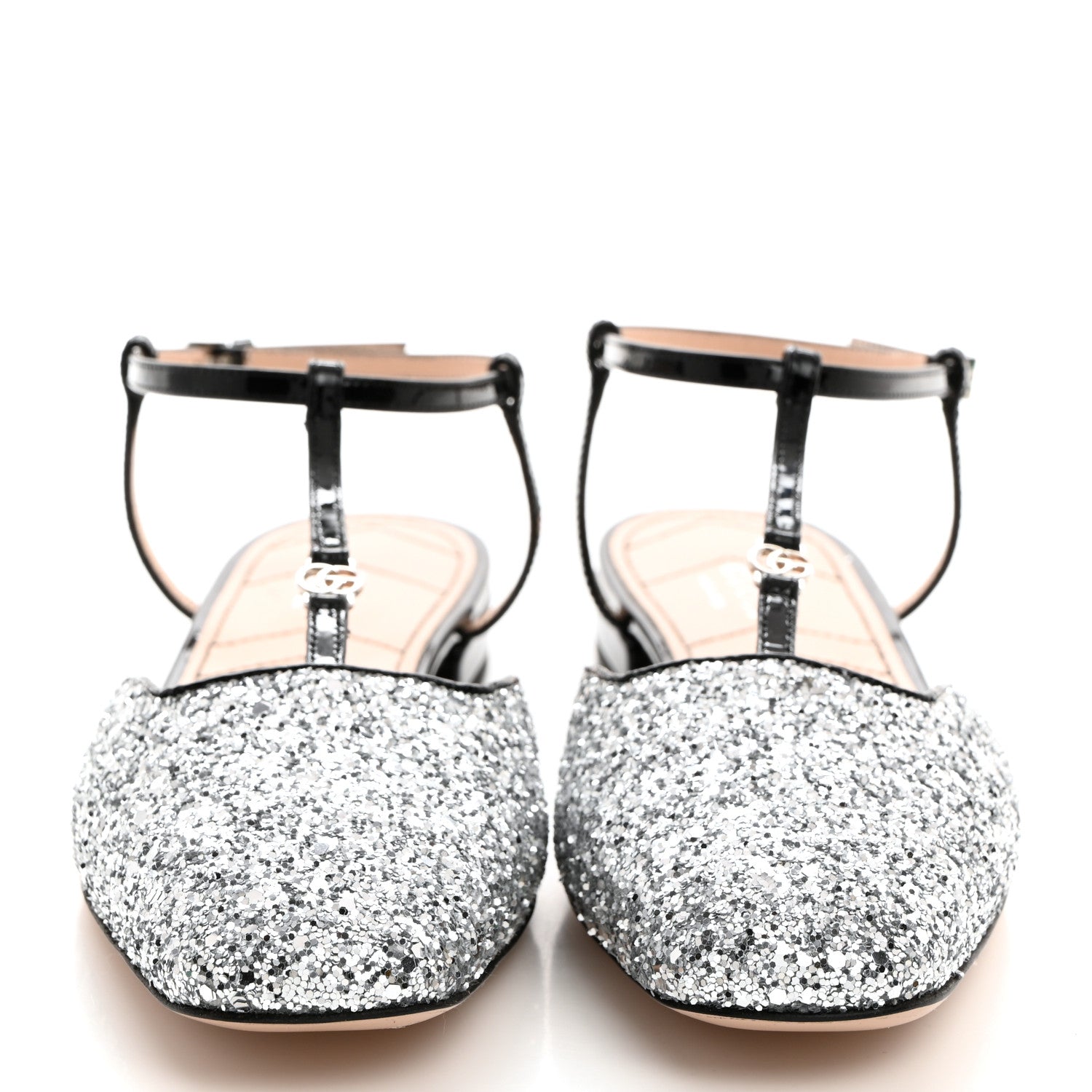 Gucci Calfskin Glitter Double G Slingback Flats 37 Silver Black 2 of 8