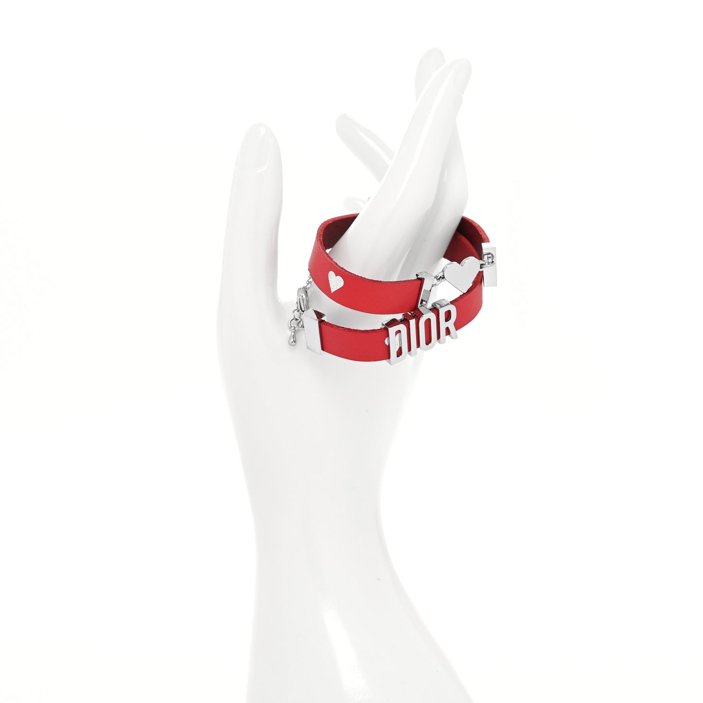 Calfskin Dior Heart Double Bracelet Red