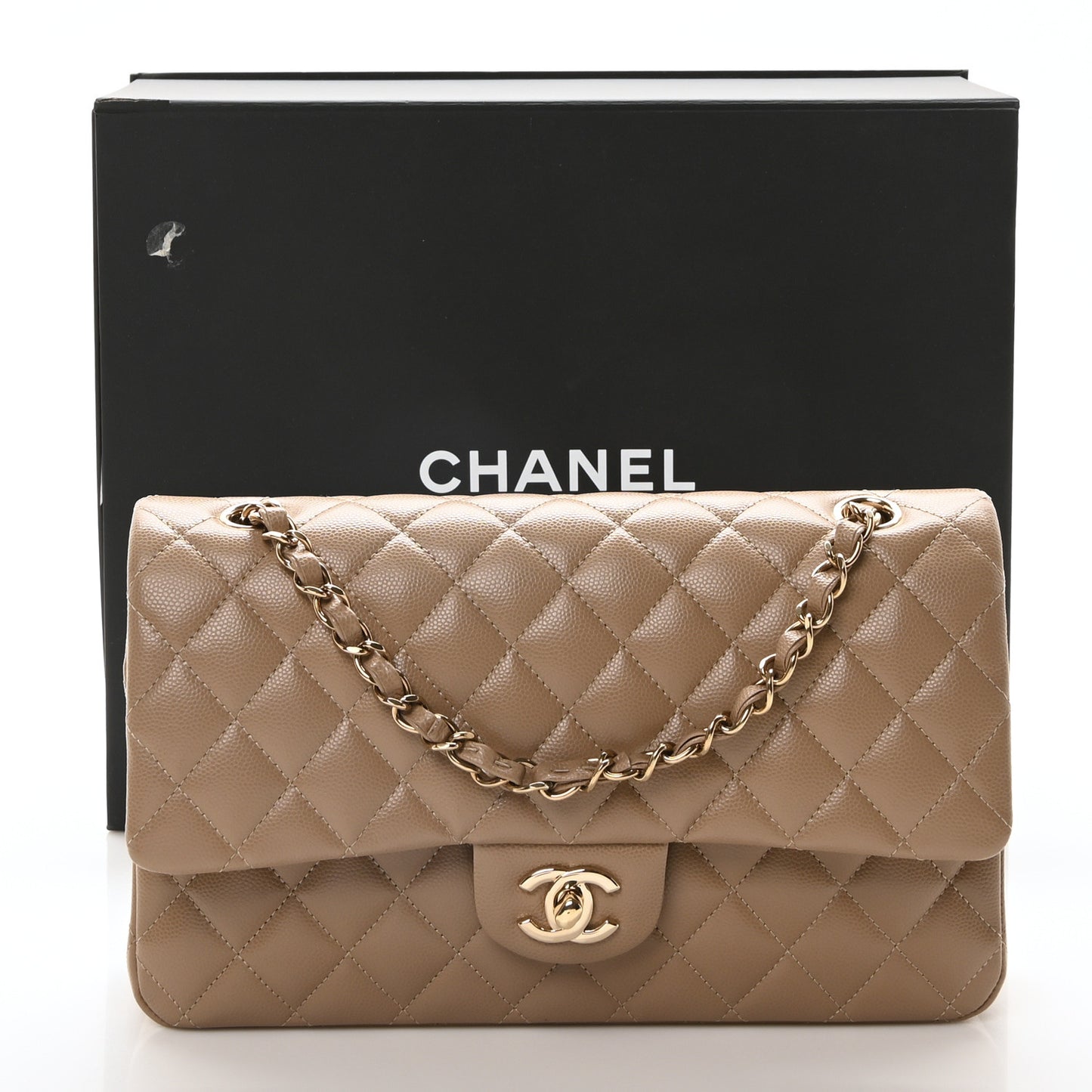 Caviar Quilted Medium Double Flap Dark Beige