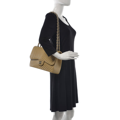 Chanel Caviar Chevron Quilted Jumbo Double Flap Beige 2 of 12